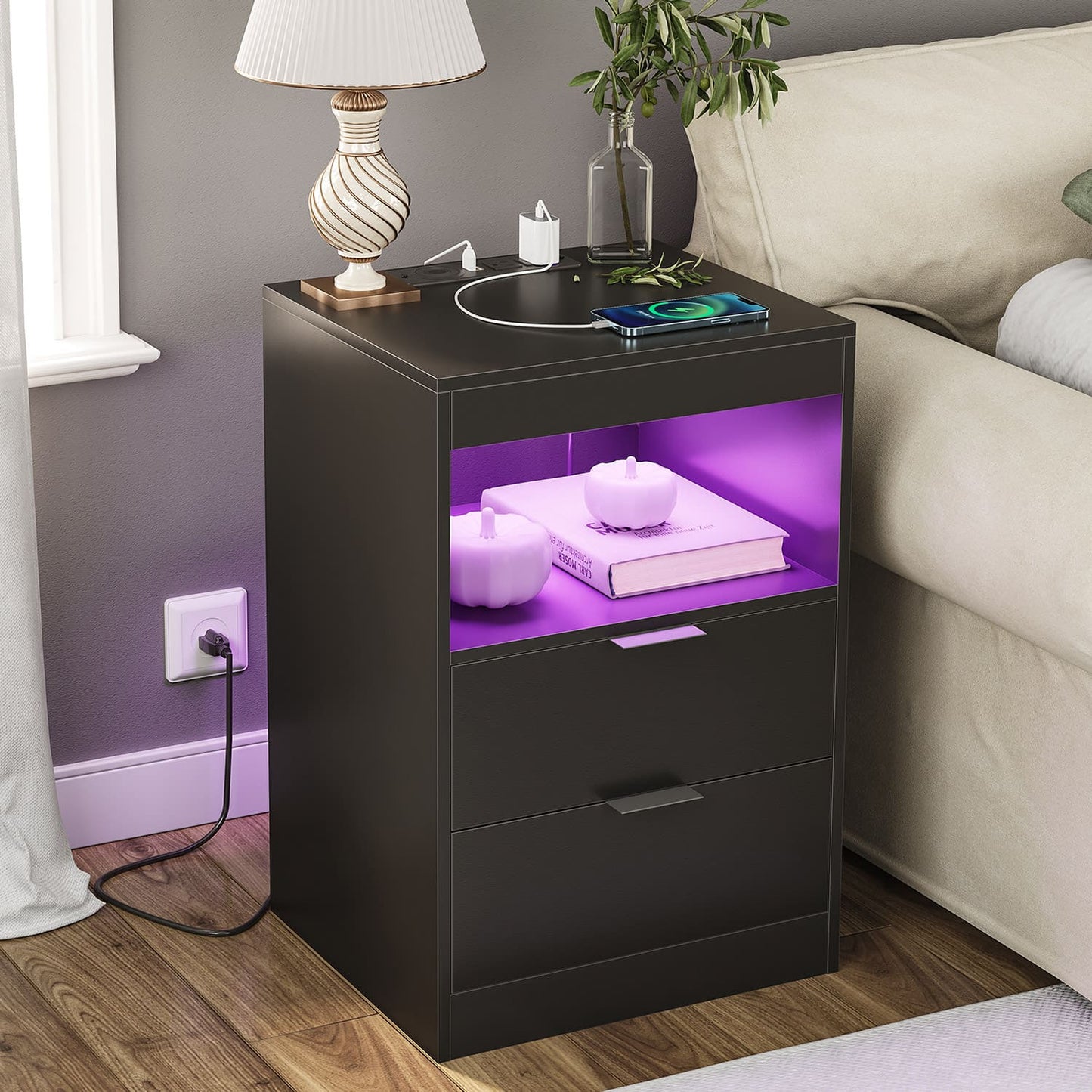 LED Nightstand with Wireless Charging Station Black