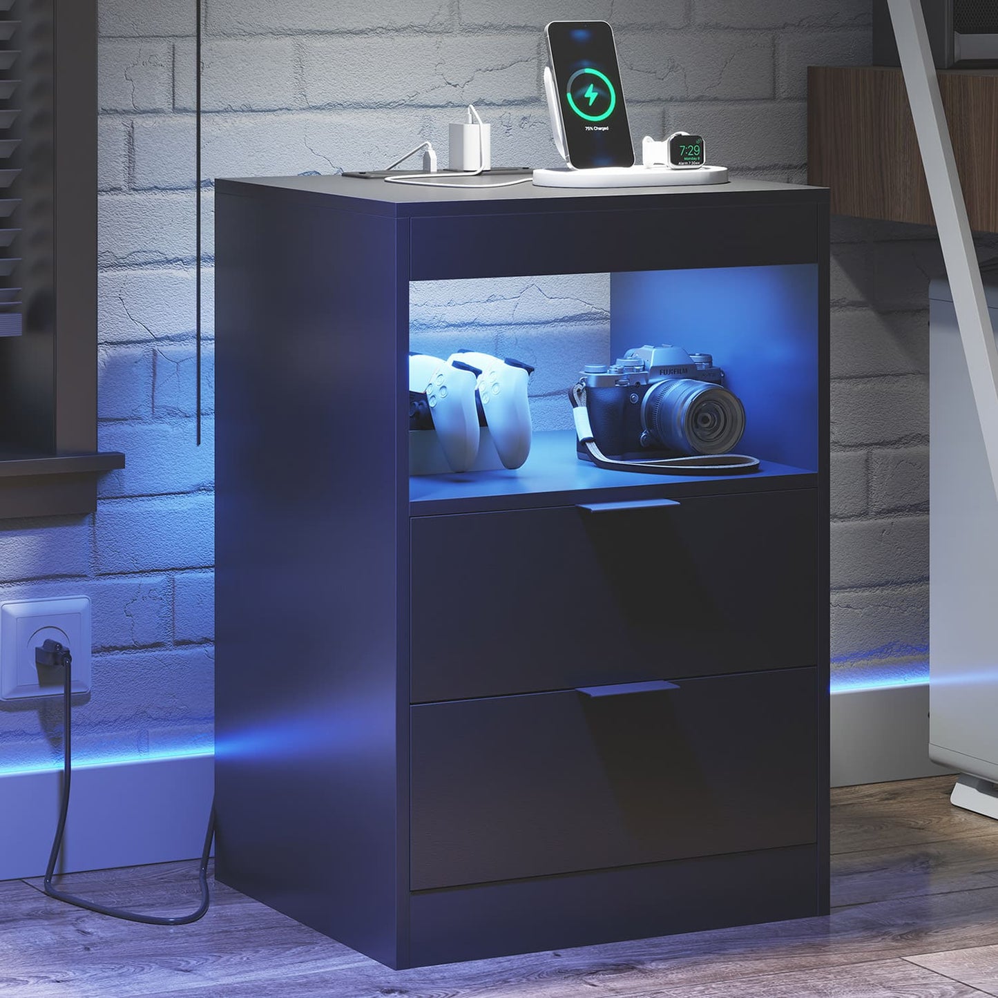 LED Nightstand with Wireless Charging Station Black