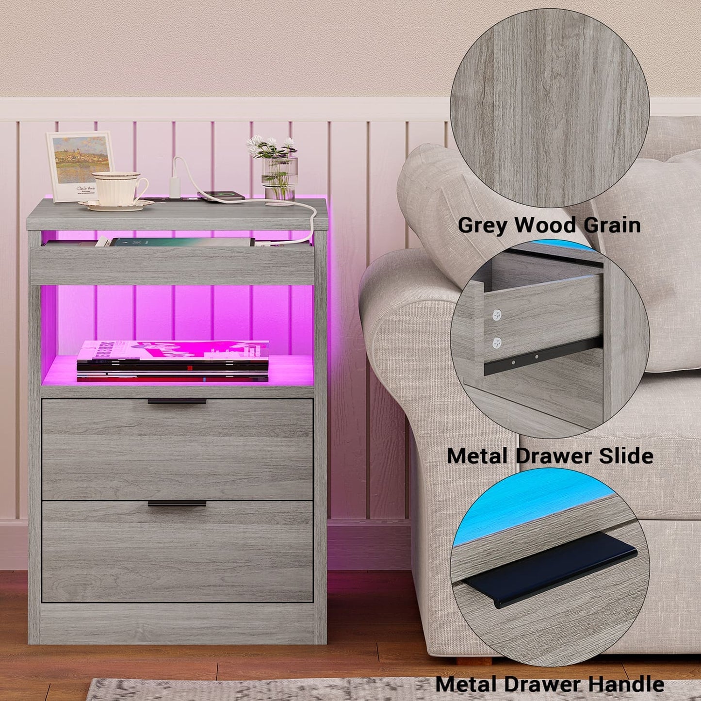 LED Nightstand with Wireless Charging Station Grey