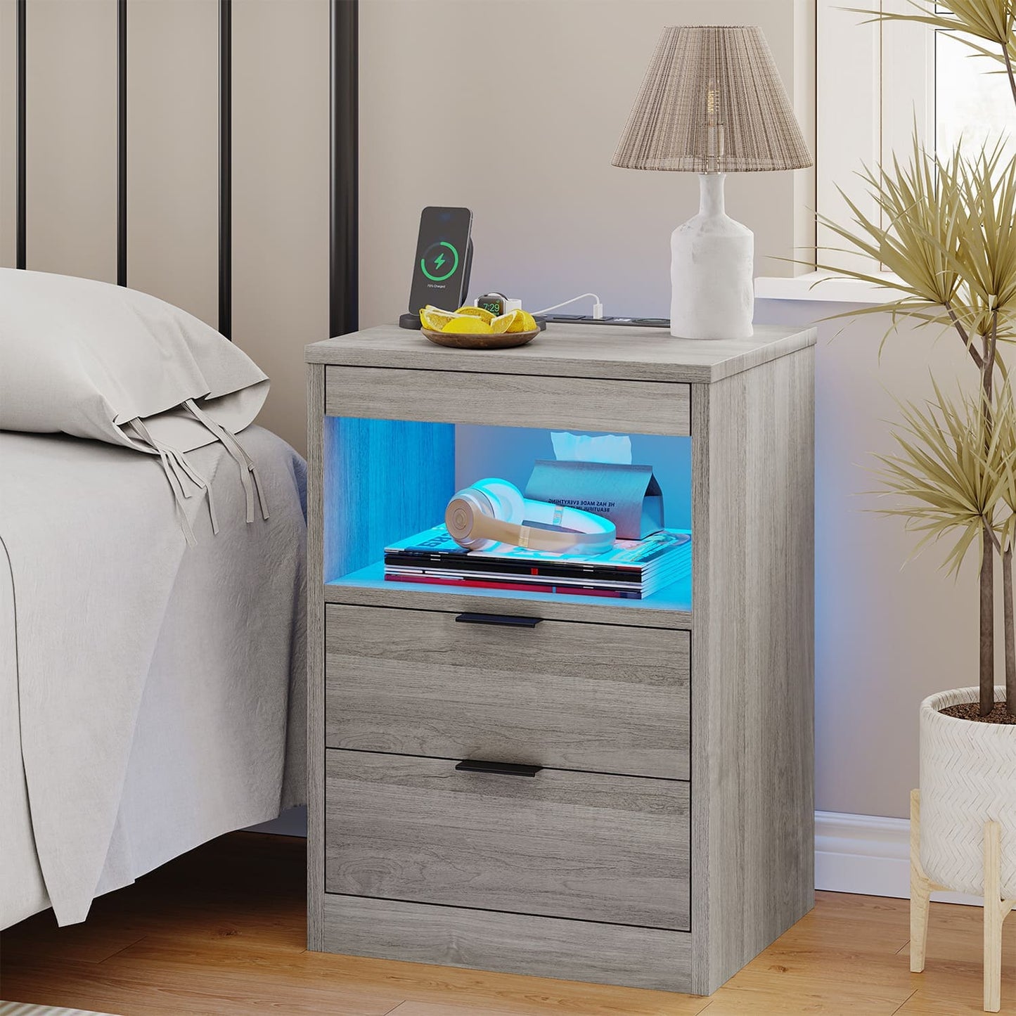 LED Nightstand with Wireless Charging Station Grey