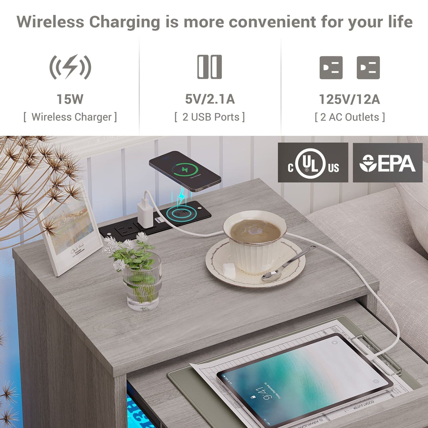 LED Nightstand with Wireless Charging Station Grey