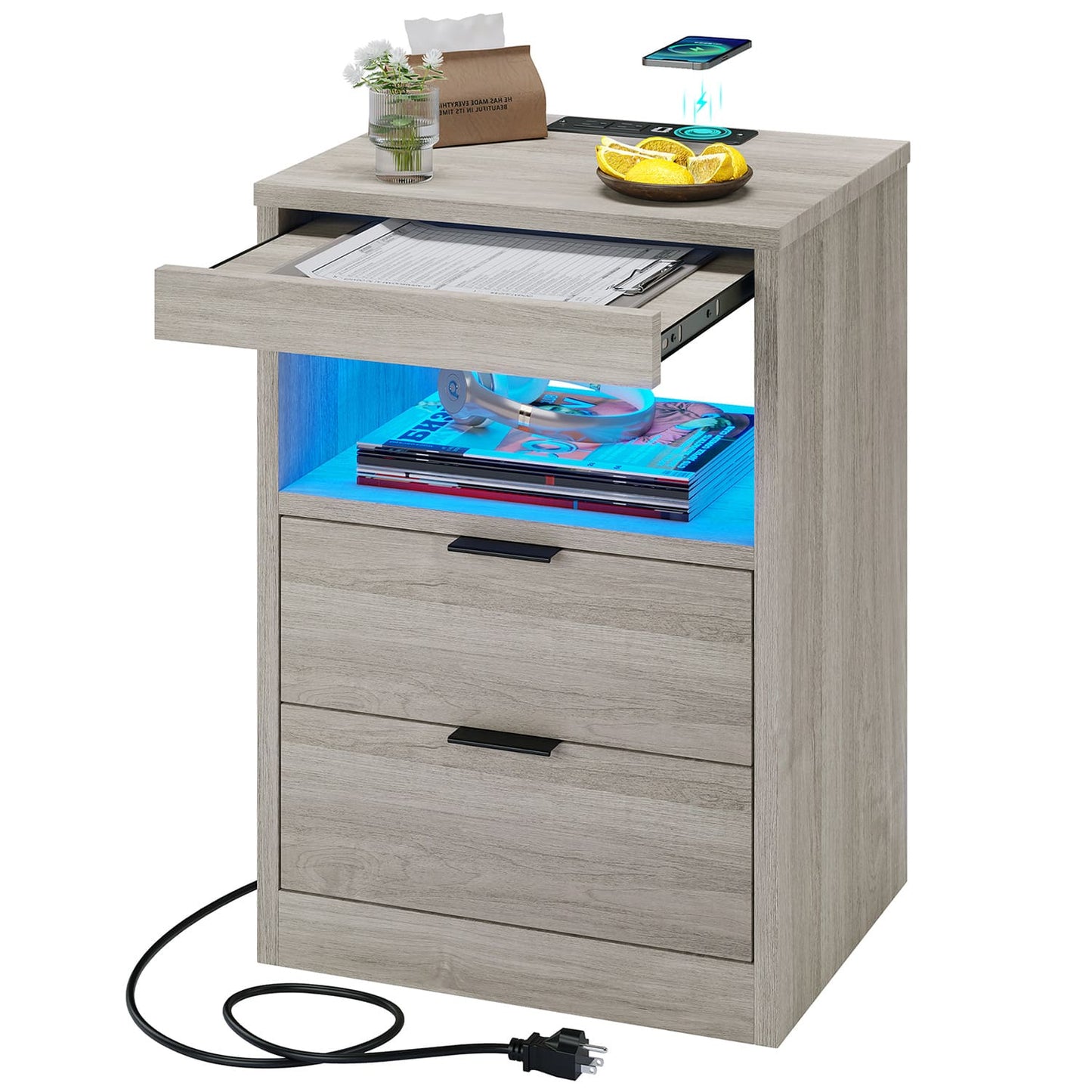 LED Nightstand with Wireless Charging Station Grey