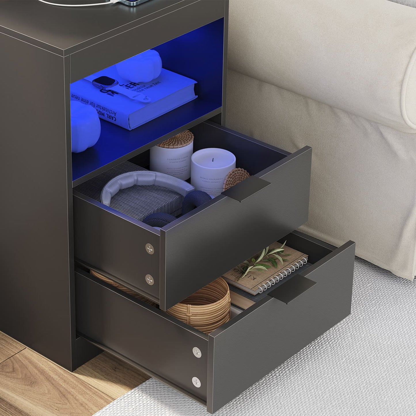 LED Nightstand with Wireless Charging Station Black
