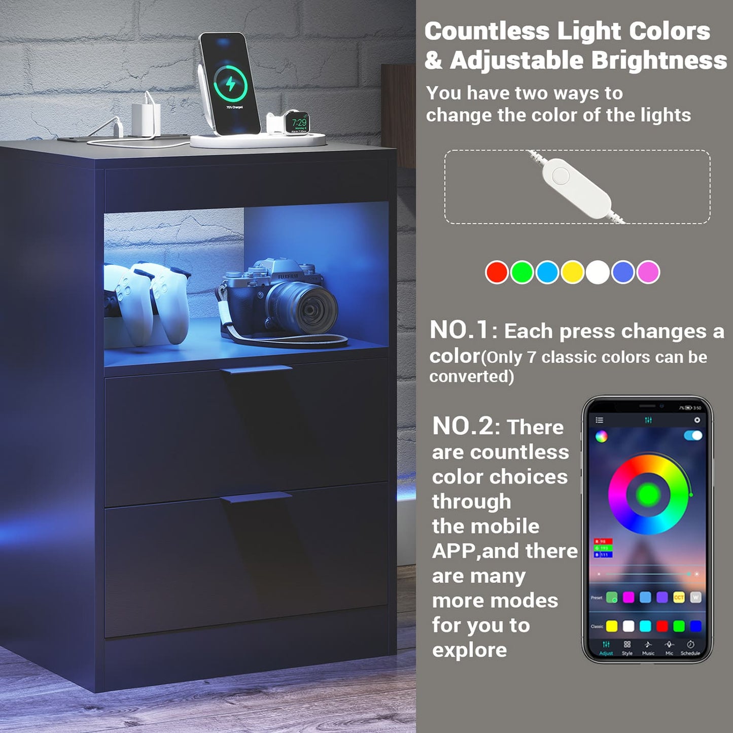 LED Nightstand with Wireless Charging Station Black