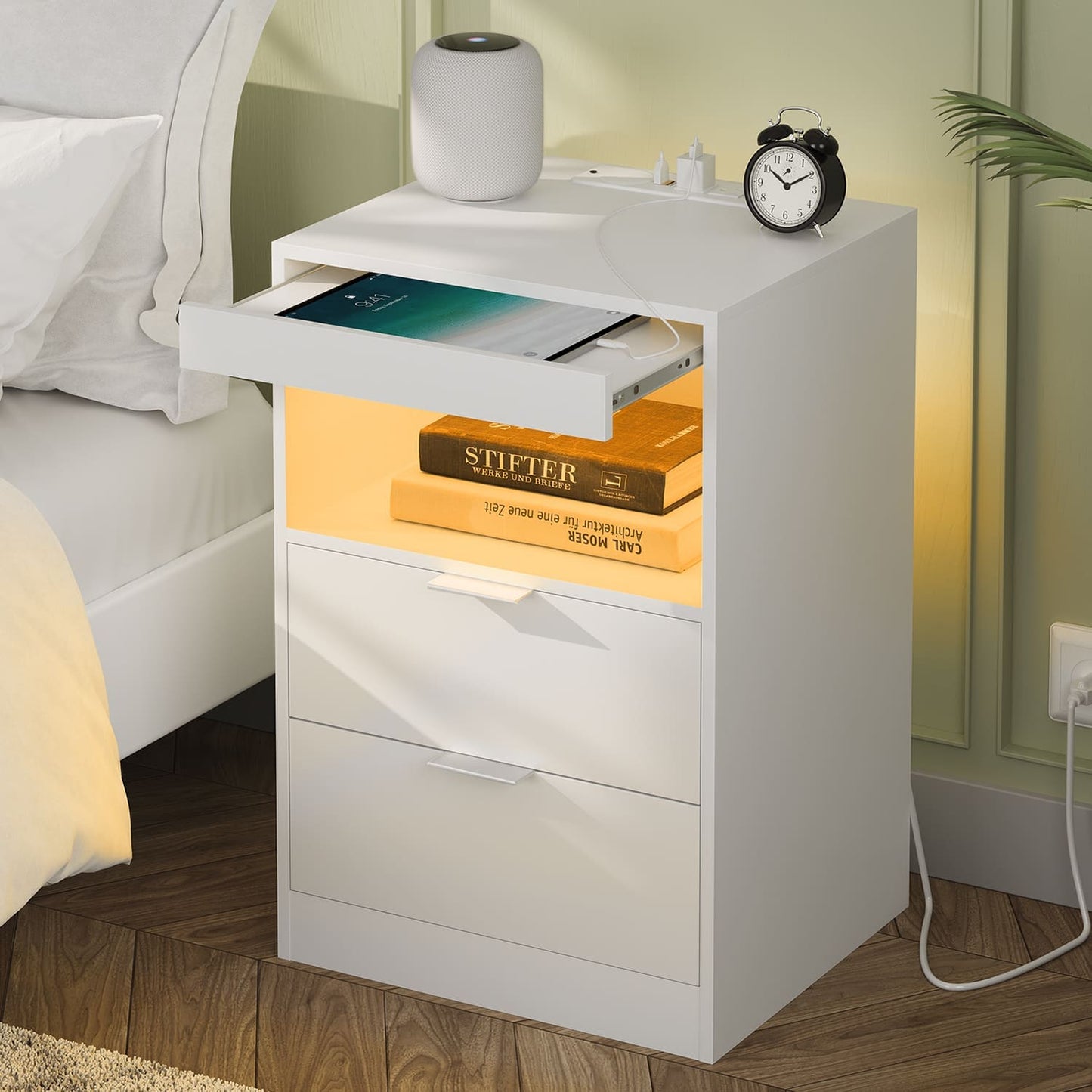 LED Nightstand with Wireless Charging Station White