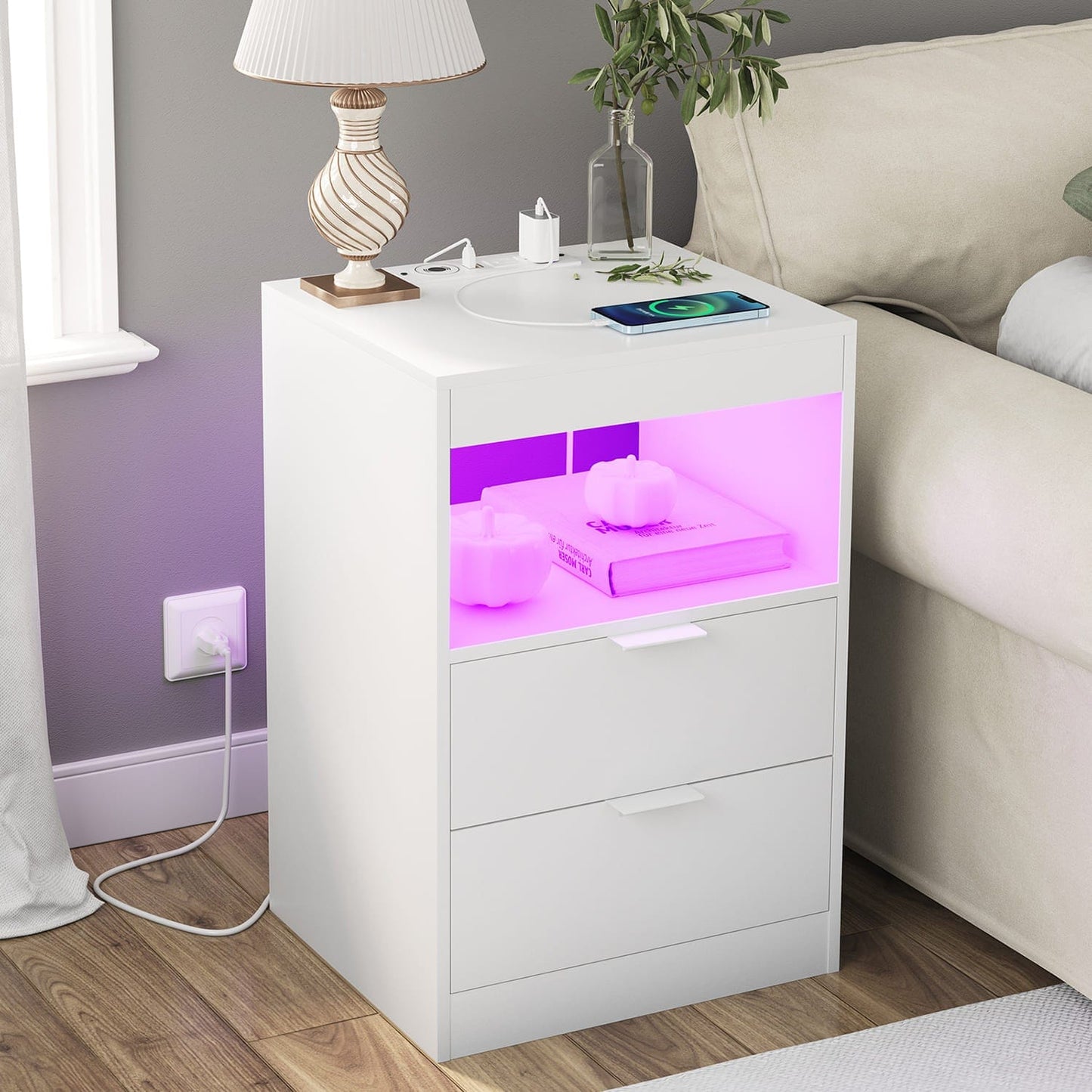 LED Nightstand with Wireless Charging Station White