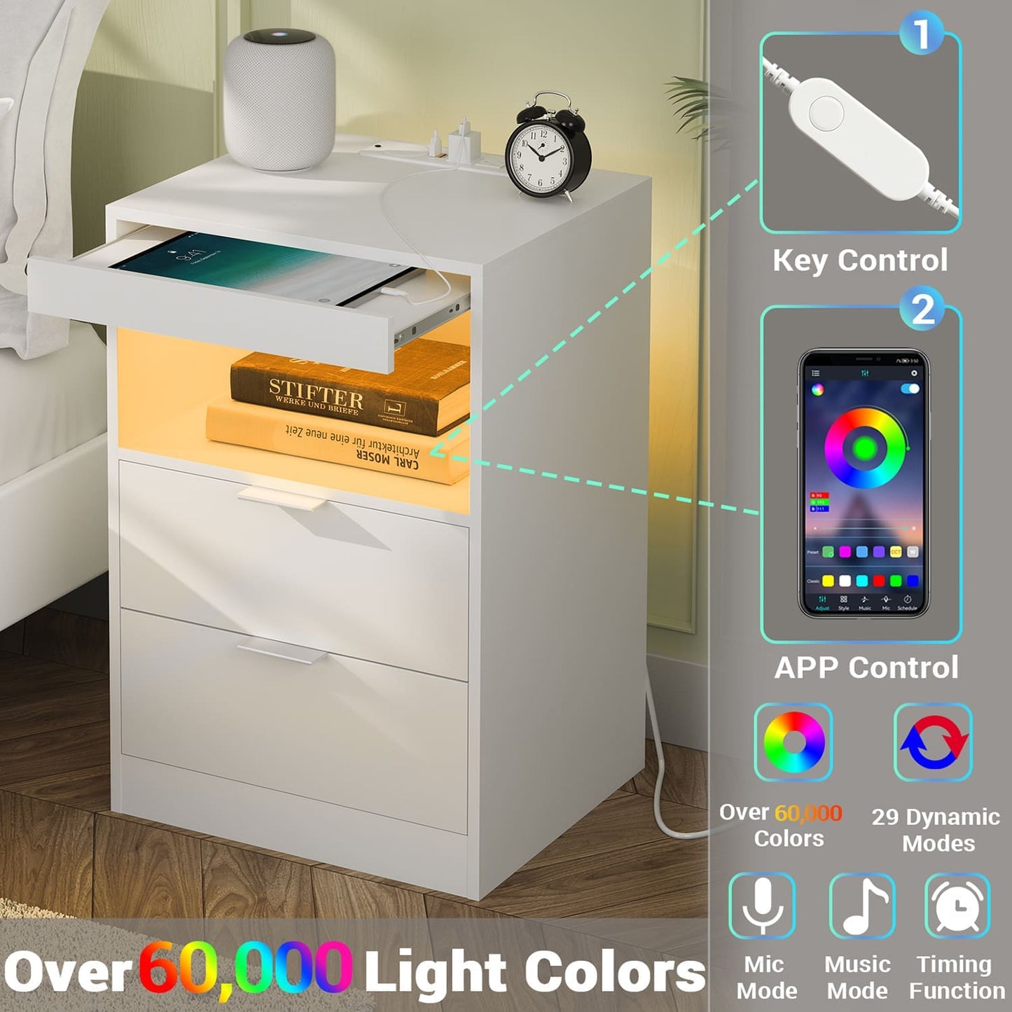 LED Nightstand with Wireless Charging Station White