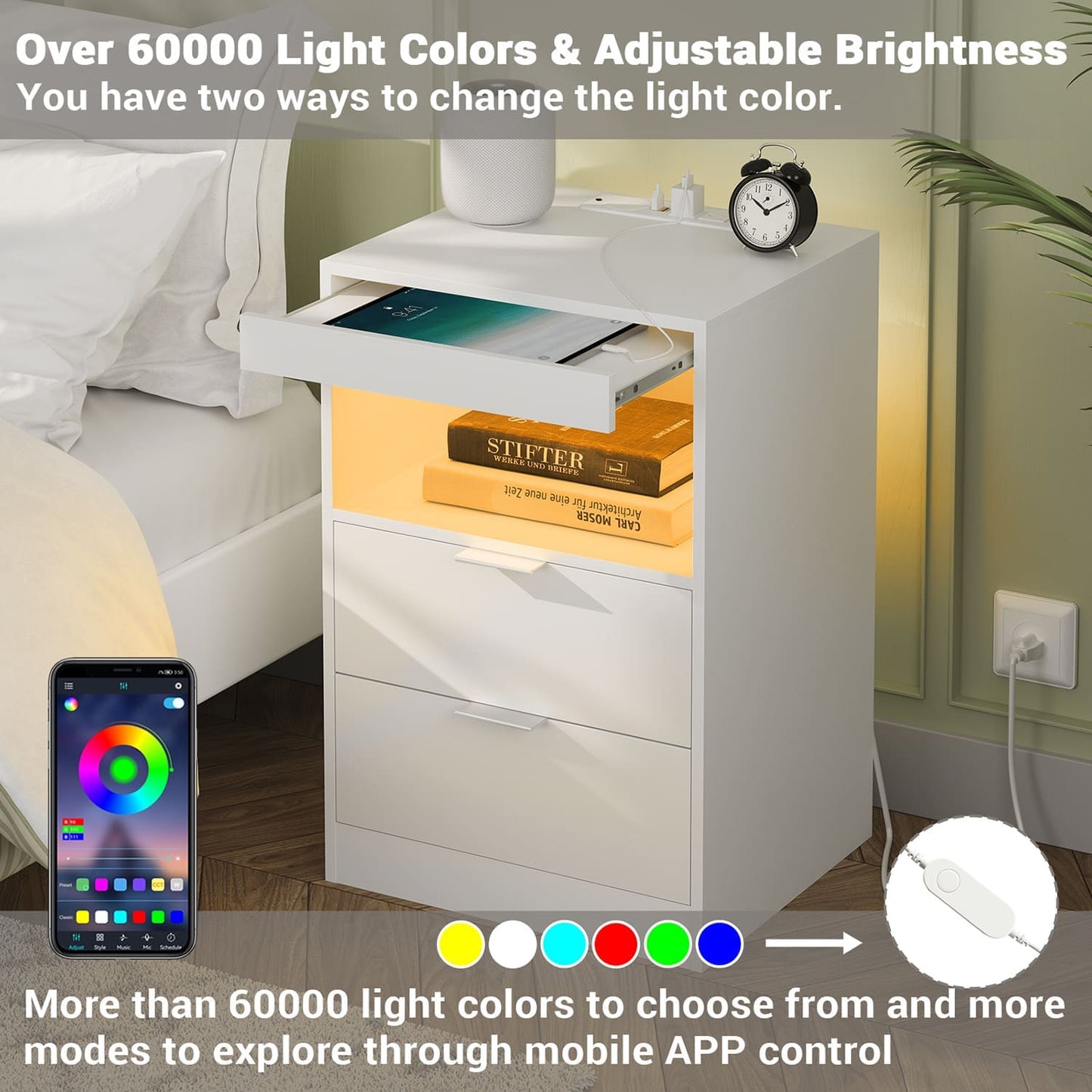 LED Nightstand with Wireless Charging Station White