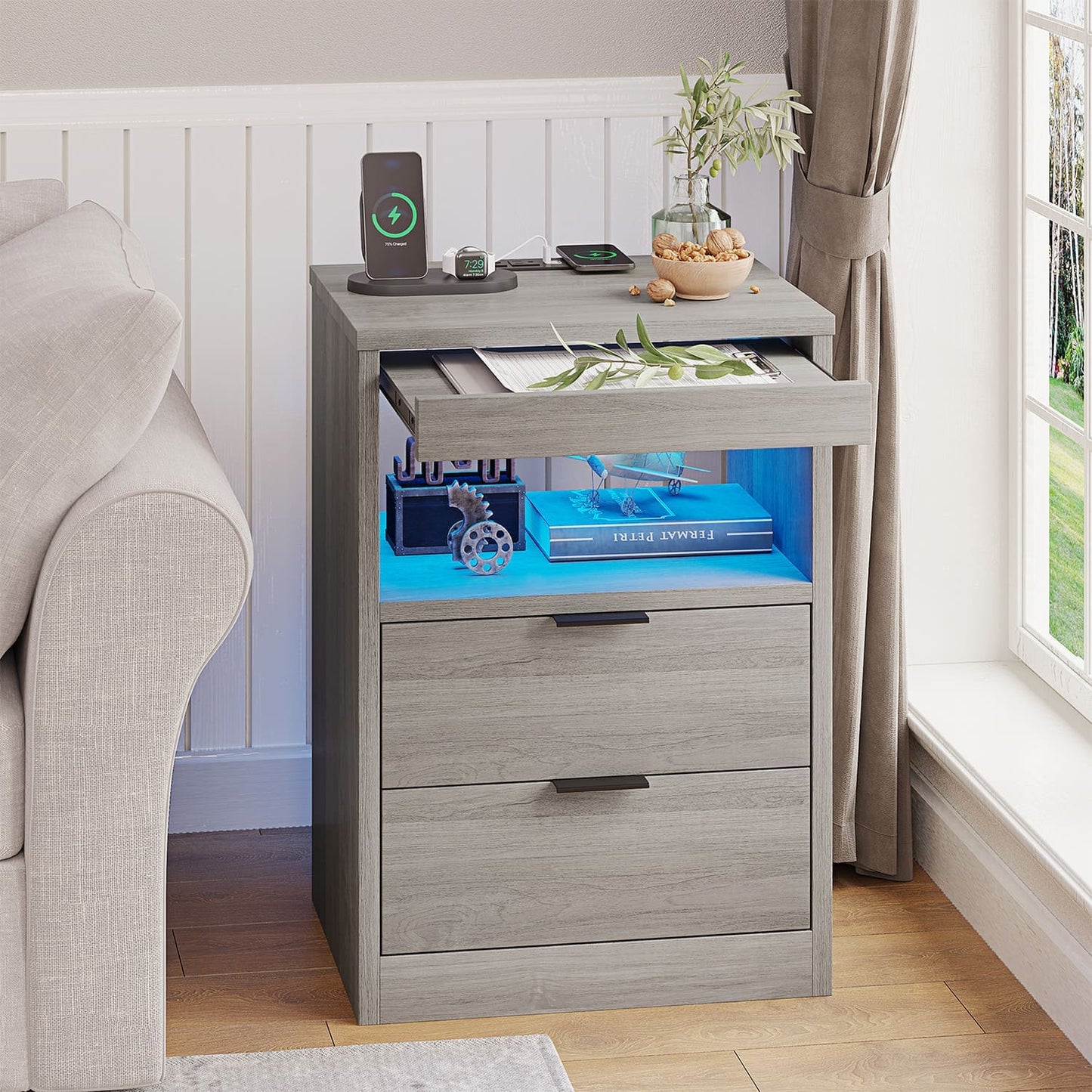LED Nightstand with Wireless Charging Station Grey