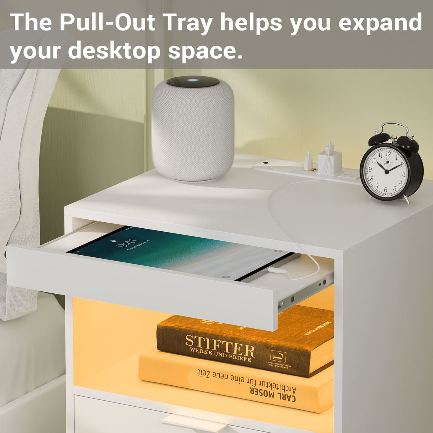 LED Nightstand with Wireless Charging Station White