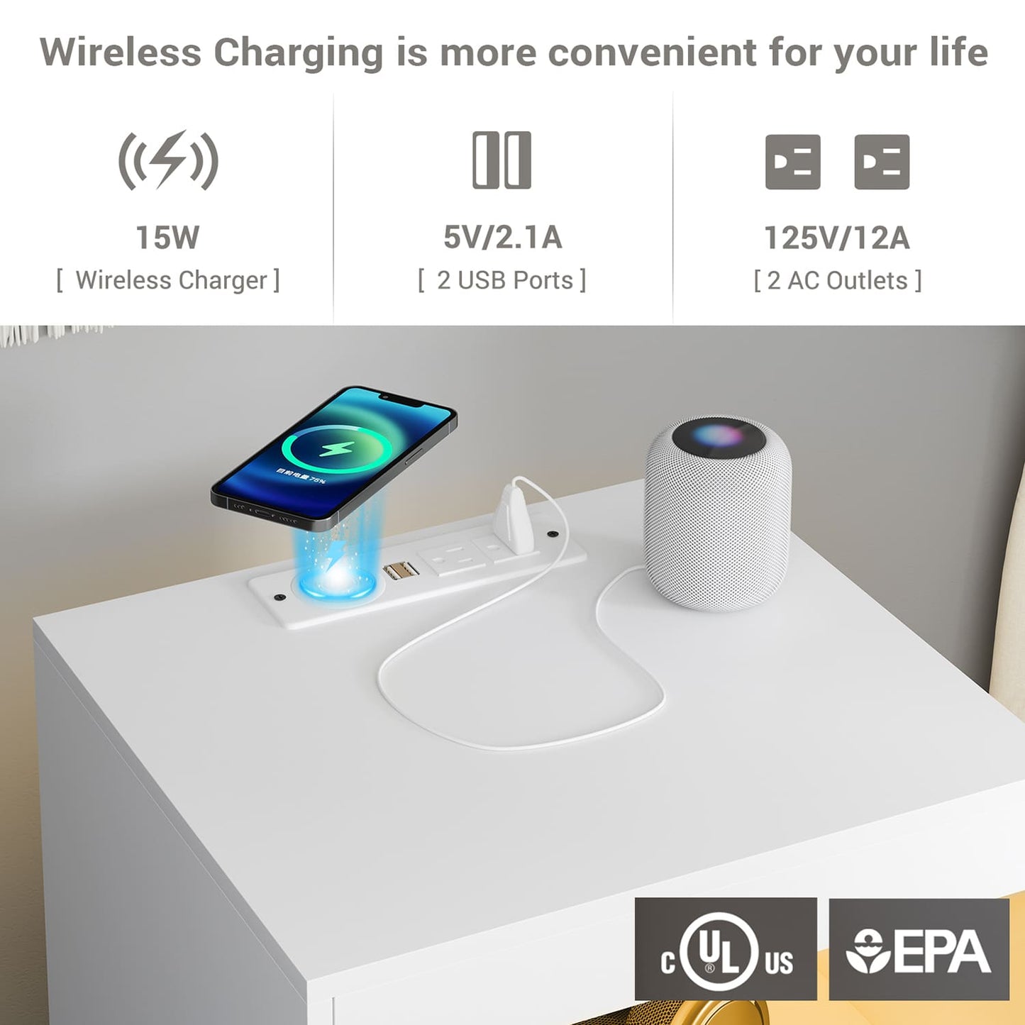 LED Nightstand with Wireless Charging Station White