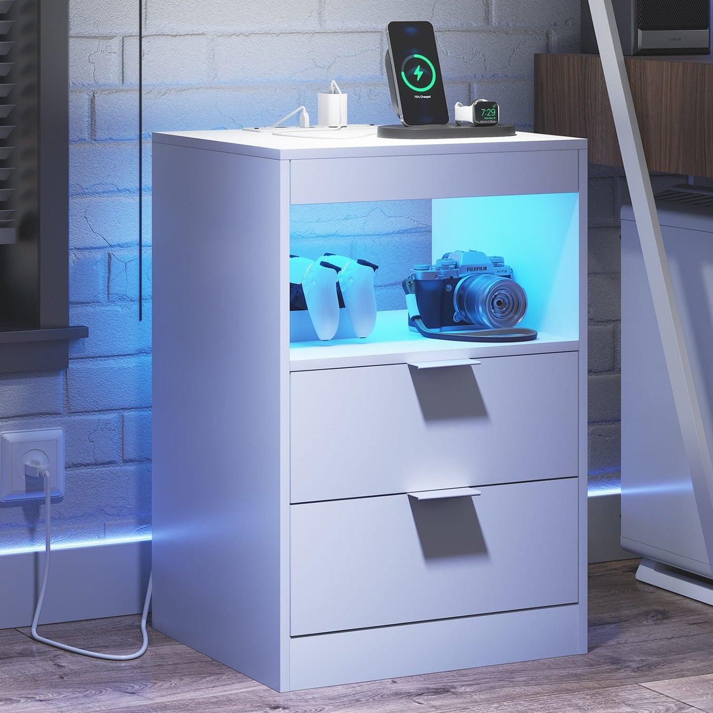 LED Nightstand with Wireless Charging Station White