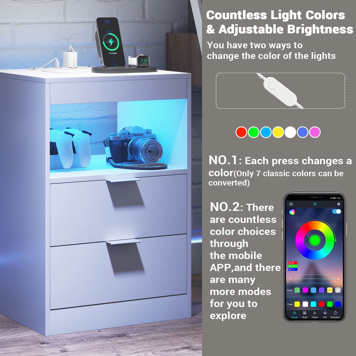 LED Nightstand with Wireless Charging Station White