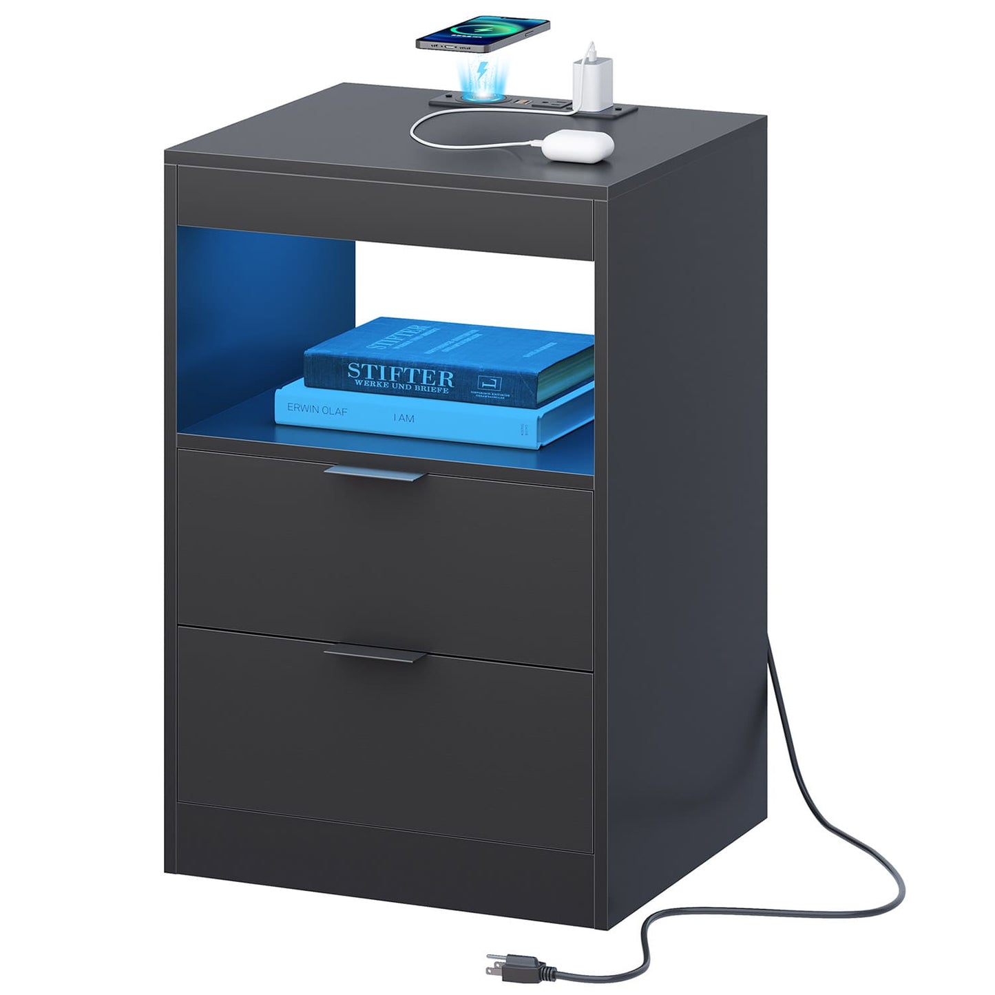 LED Nightstand with Wireless Charging Station Black