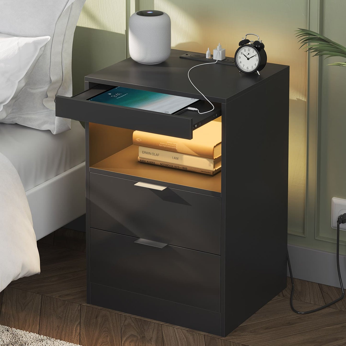 LED Nightstand with Wireless Charging Station Black