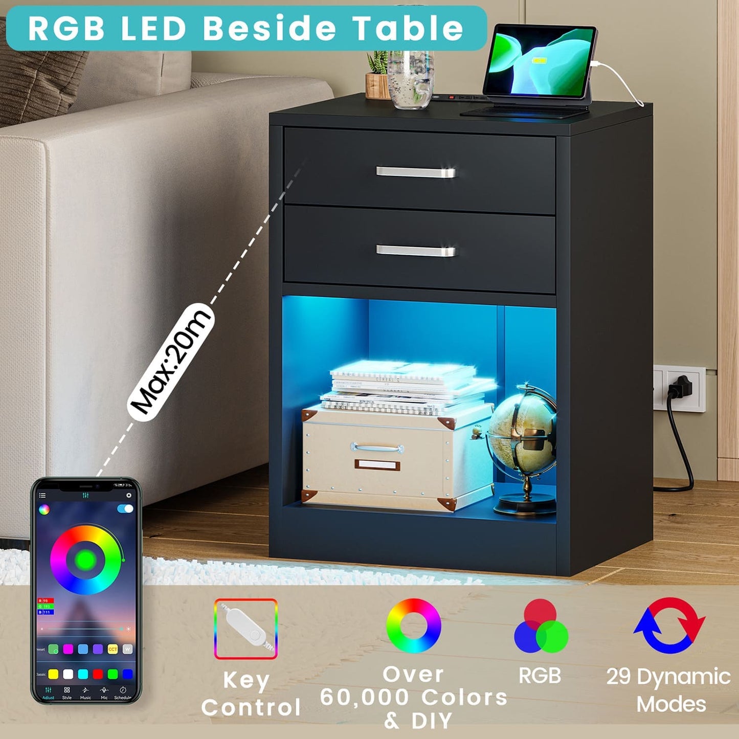 2Pcs LED Nightstand with Power Outlets Black