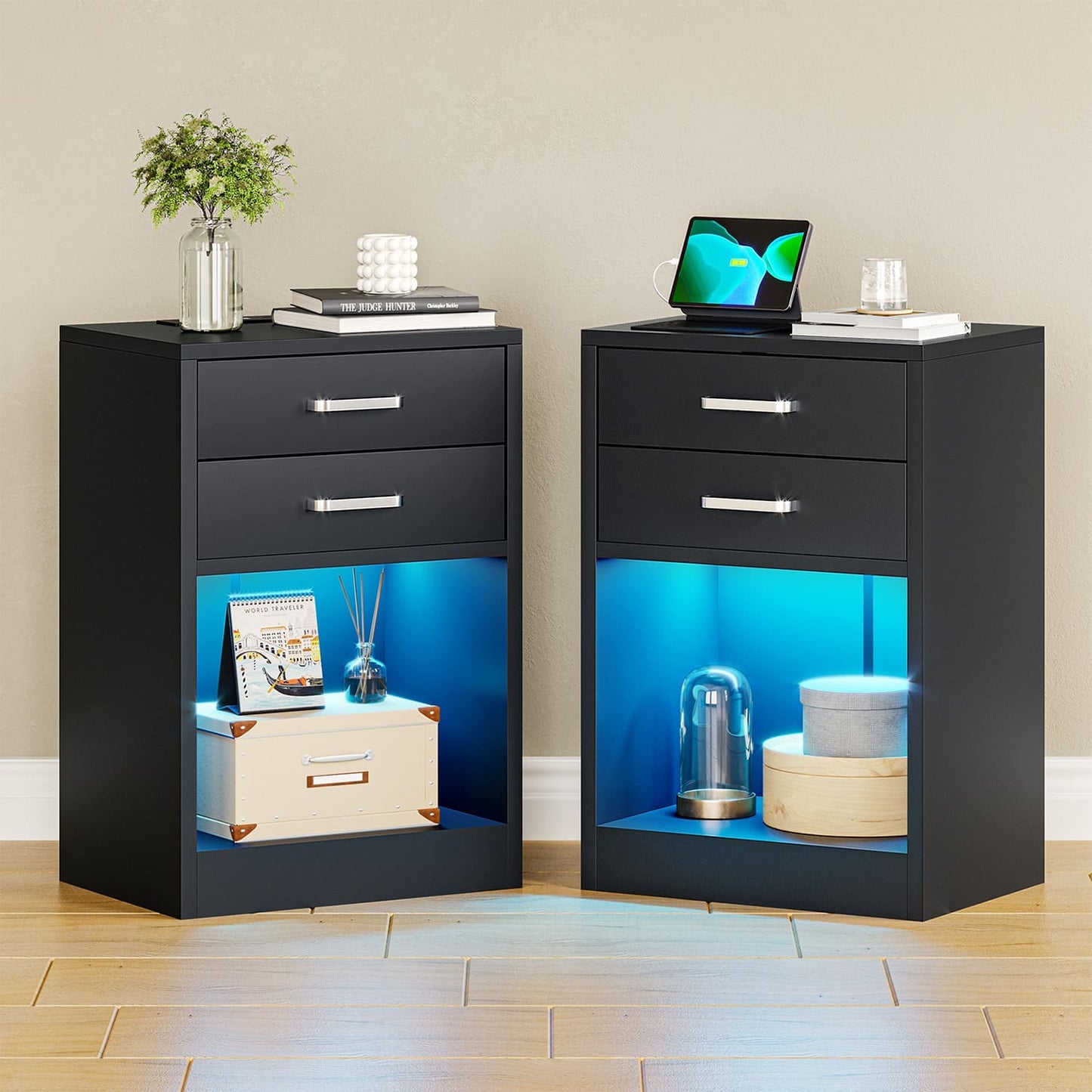 2Pcs LED Nightstand with Power Outlets Black
