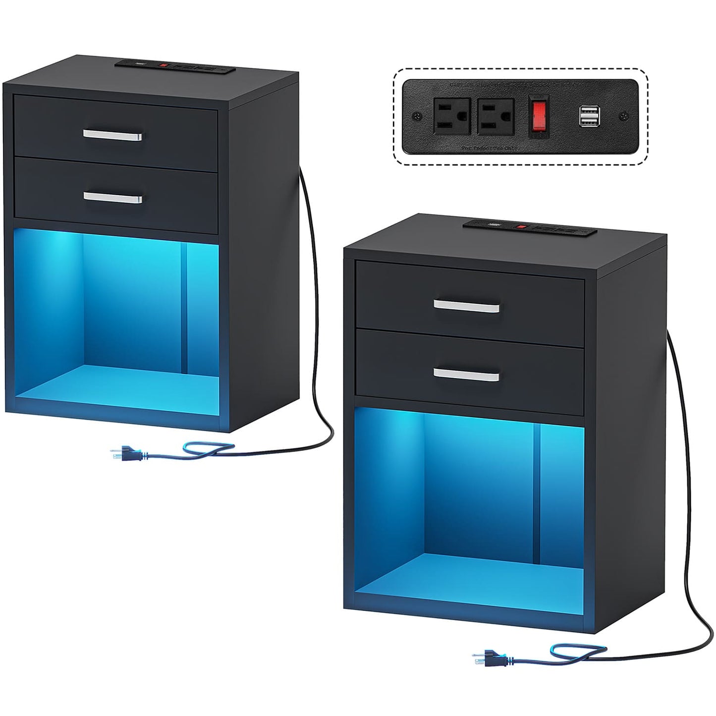 2Pcs LED Nightstand with Power Outlets Black