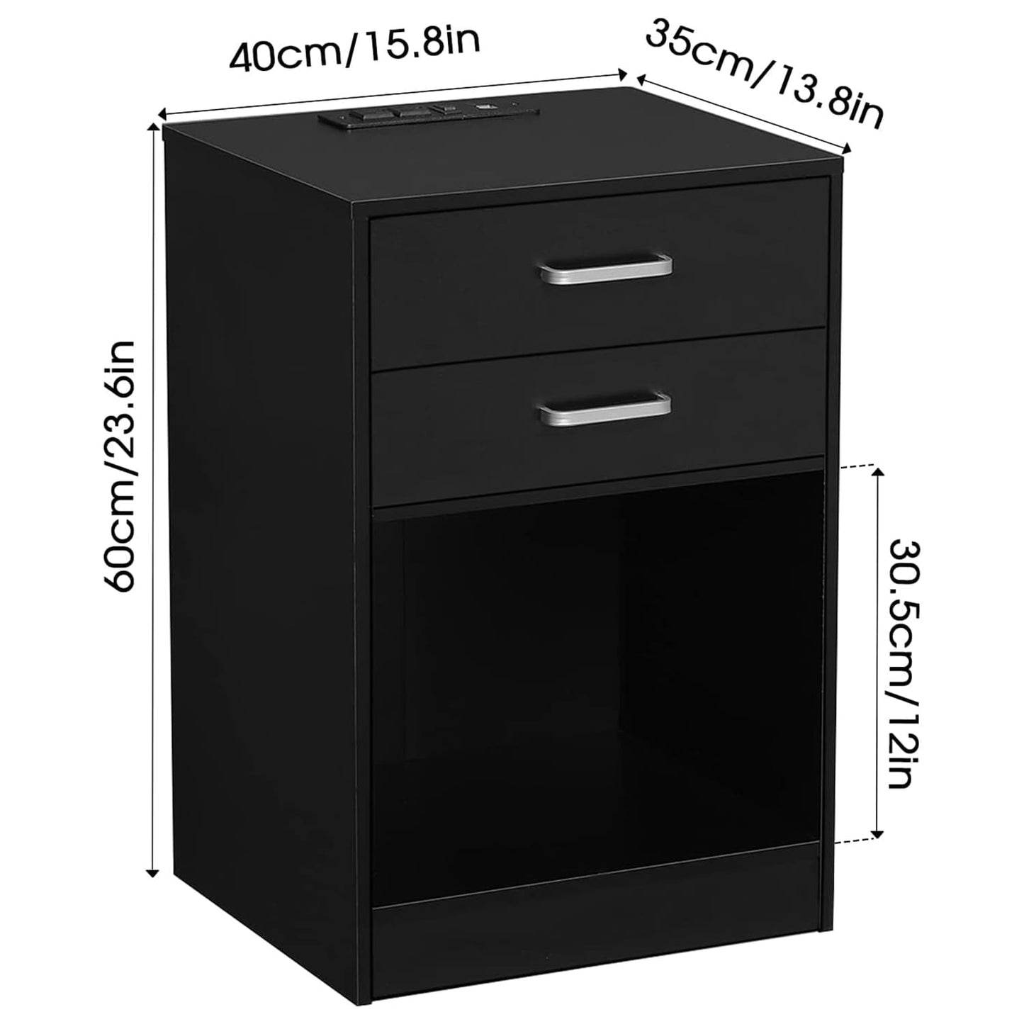 2Pcs LED Nightstand with Power Outlets Black