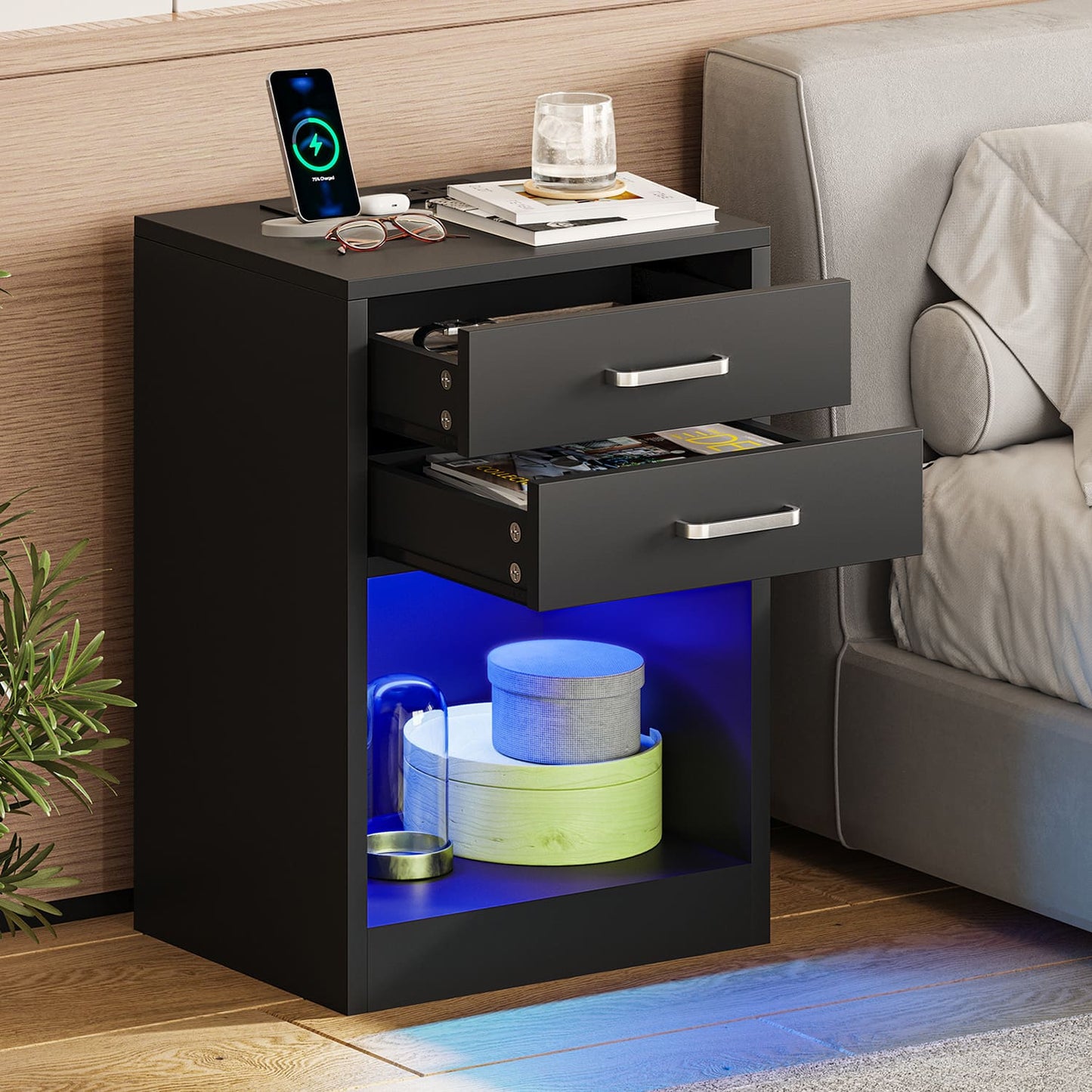 2Pcs LED Nightstand with Power Outlets Black