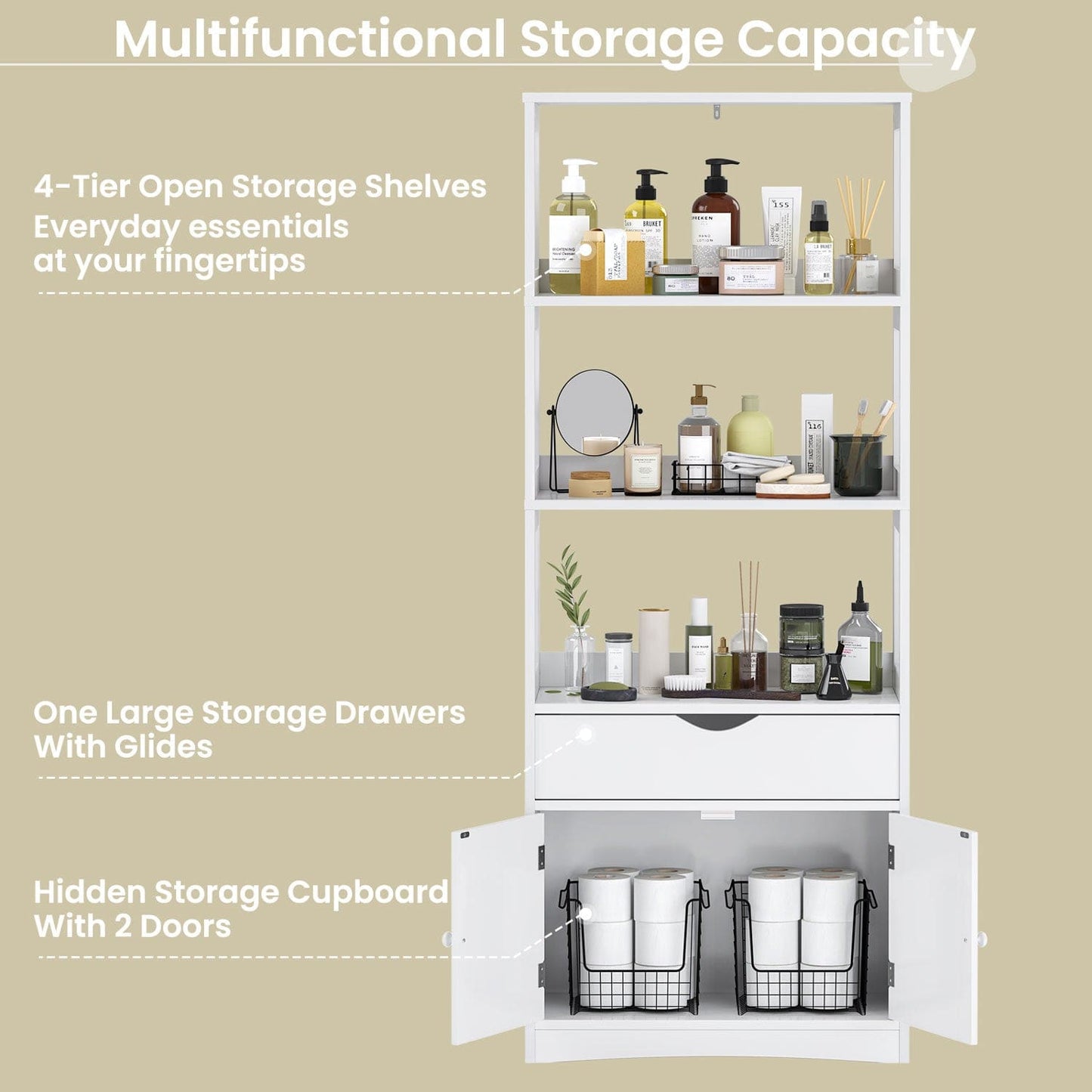 64 Inches Freestanding Storage Cabinet Furniture White