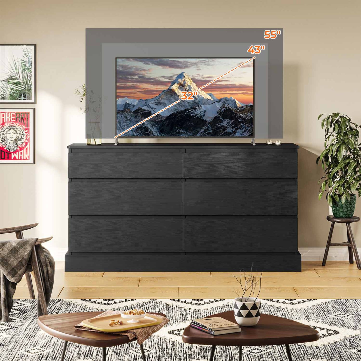 51.5 Inches Wide Dresser with 6 Drawers Black