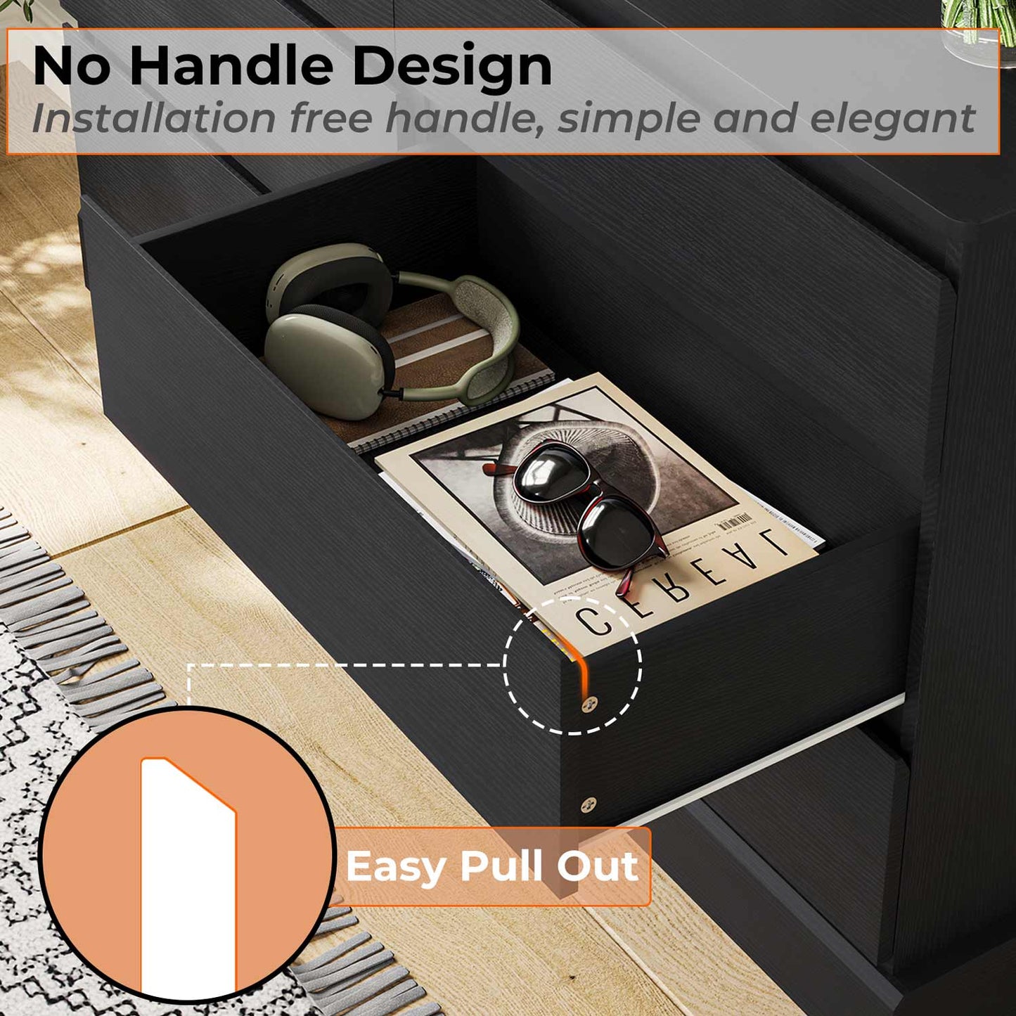51.5 Inches Wide Dresser with 6 Drawers Black