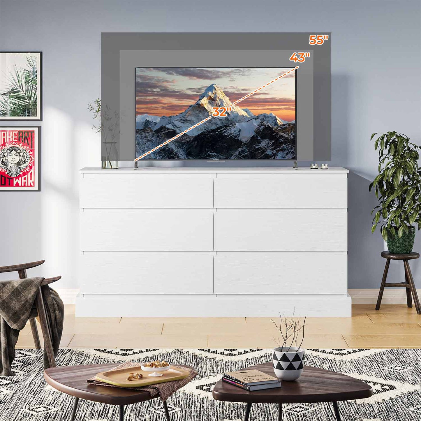 51.5 Inches Wide Dresser with 6 Drawers White