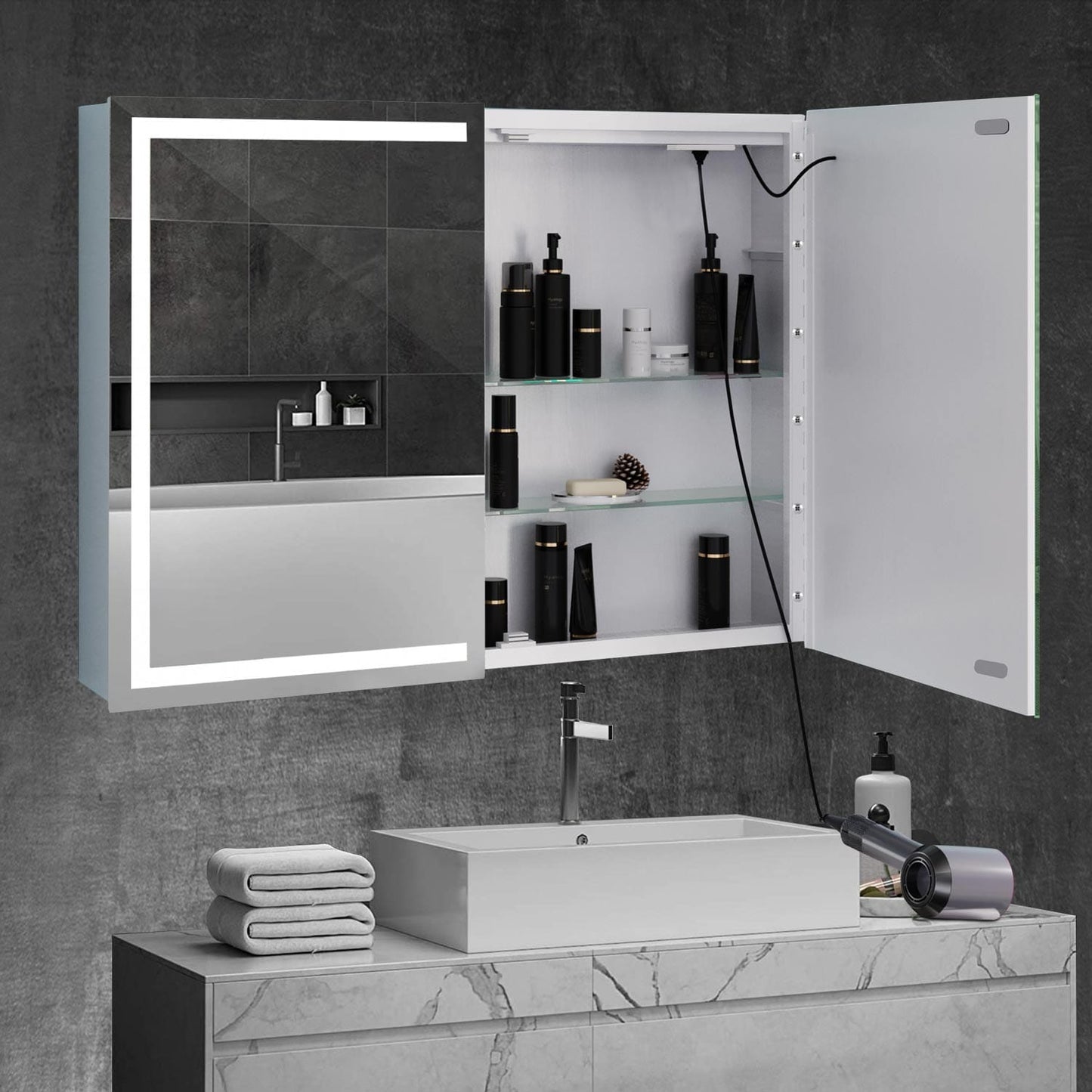 2 Doors LED Medicine Cabinet with Mirror White