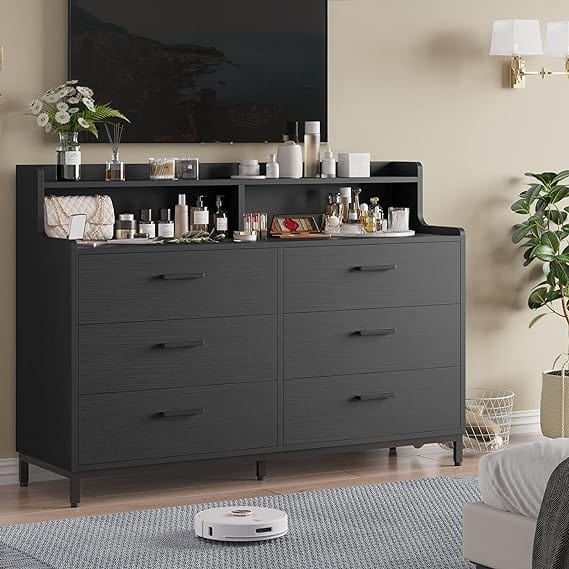 6 Drawers Dresser with Open Storage Space Black