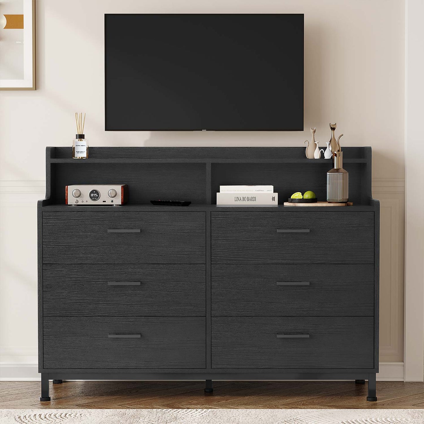 6 Drawers Dresser with Open Storage Space Black