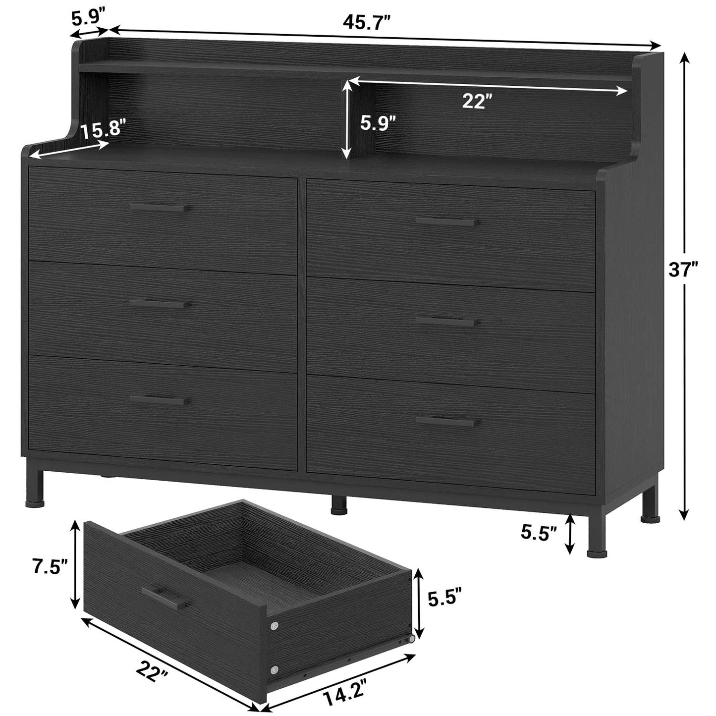 6 Drawers Dresser with Open Storage Space Black
