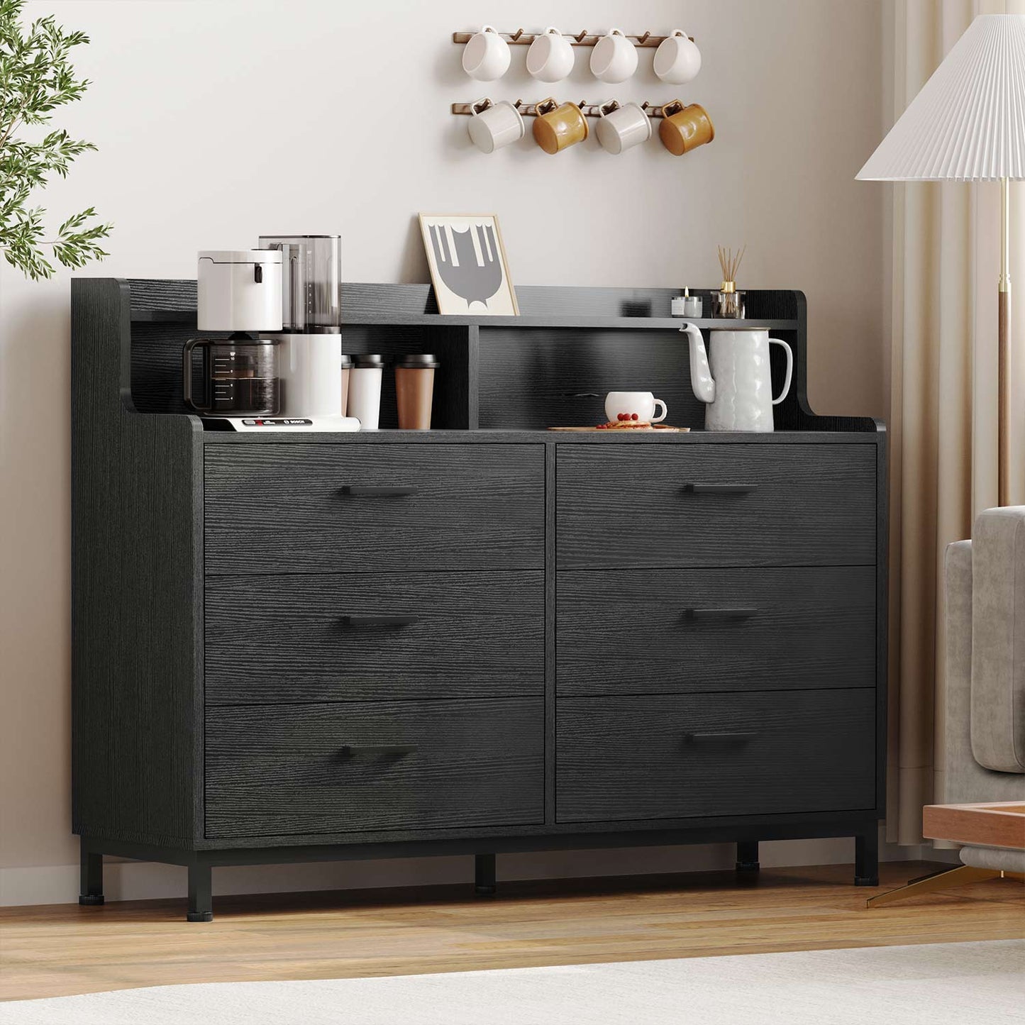 6 Drawers Dresser with Open Storage Space Black