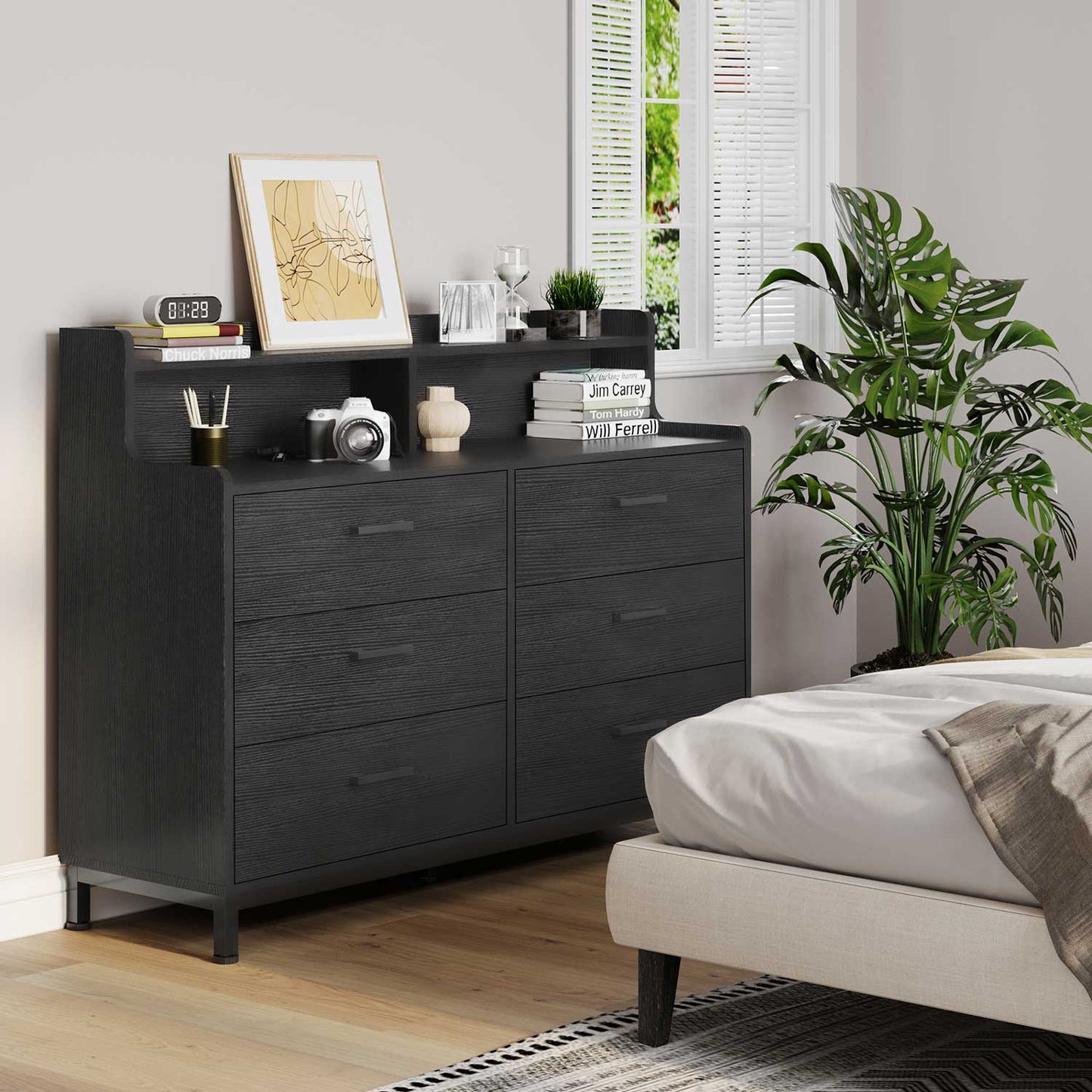 6 Drawers Dresser with Open Storage Space Black