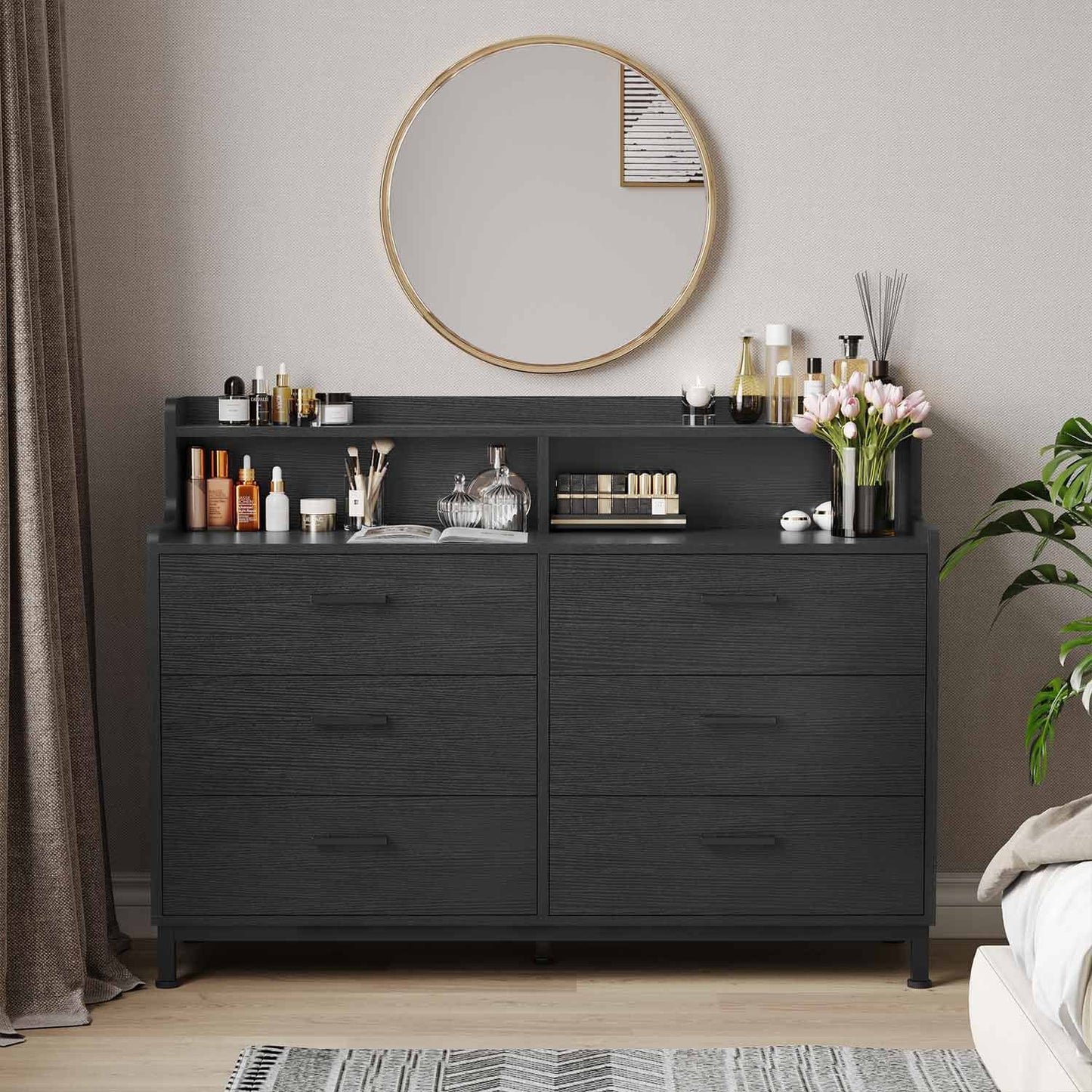 6 Drawers Dresser with Open Storage Space Black