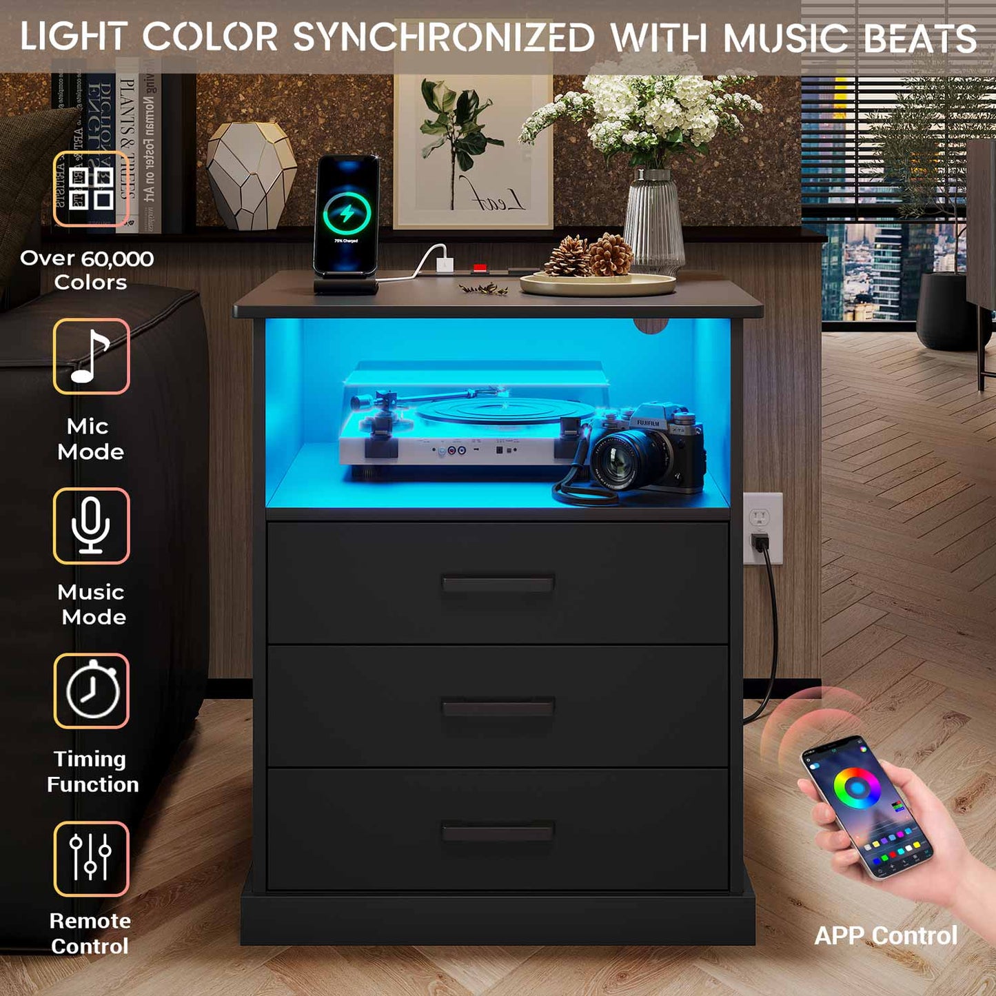 LED Nightstand with 3 Storage Drawers Black