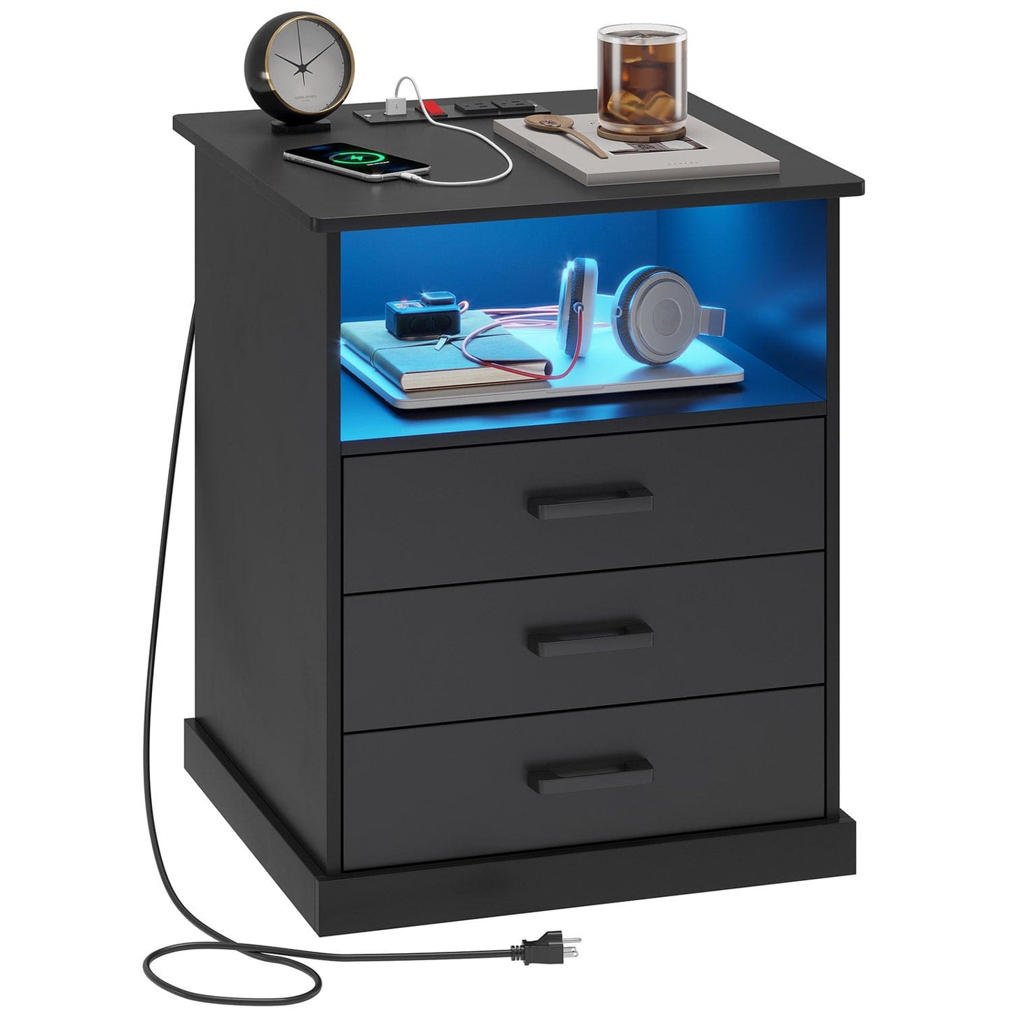 LED Nightstand with 3 Storage Drawers Black