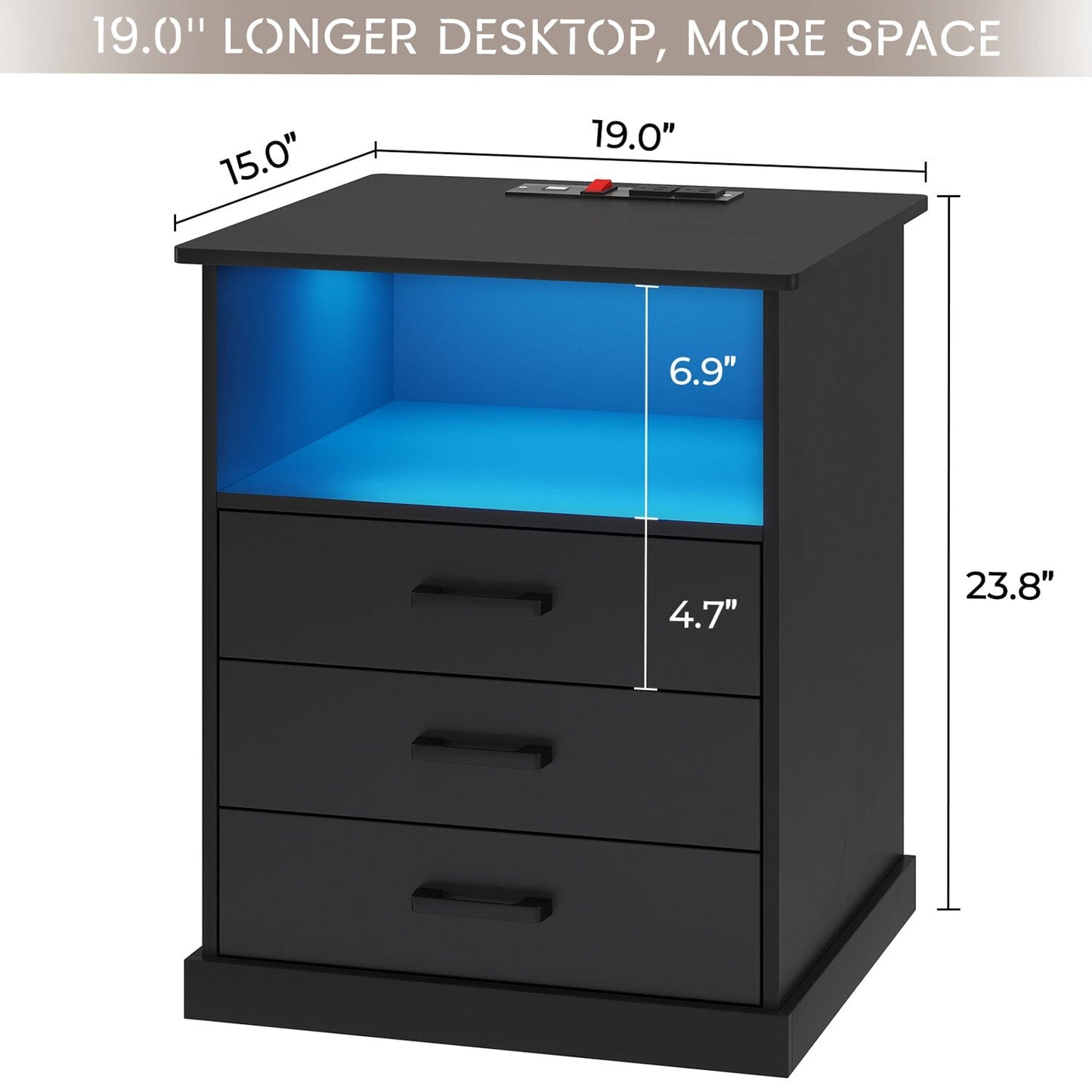 LED Nightstand with 3 Storage Drawers Black
