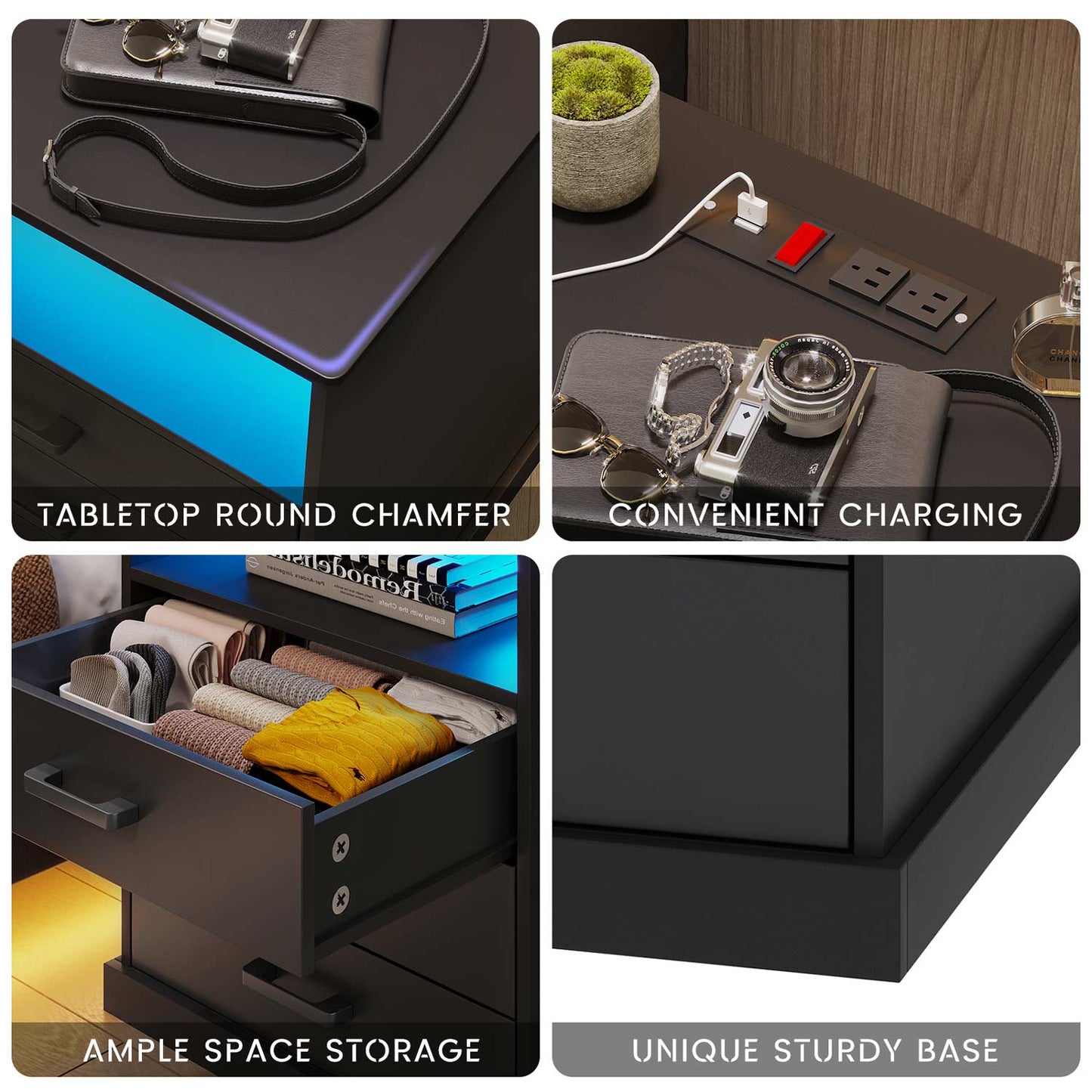 LED Nightstand with 3 Storage Drawers Black