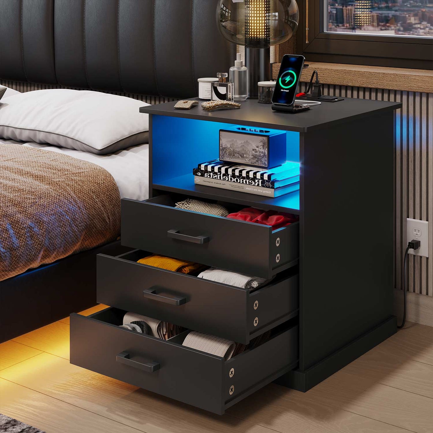 LED Nightstand with 3 Storage Drawers Black