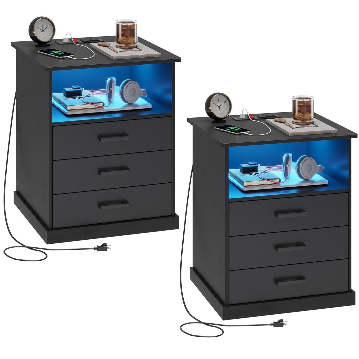 LED Nightstand with 3 Storage Drawers Black