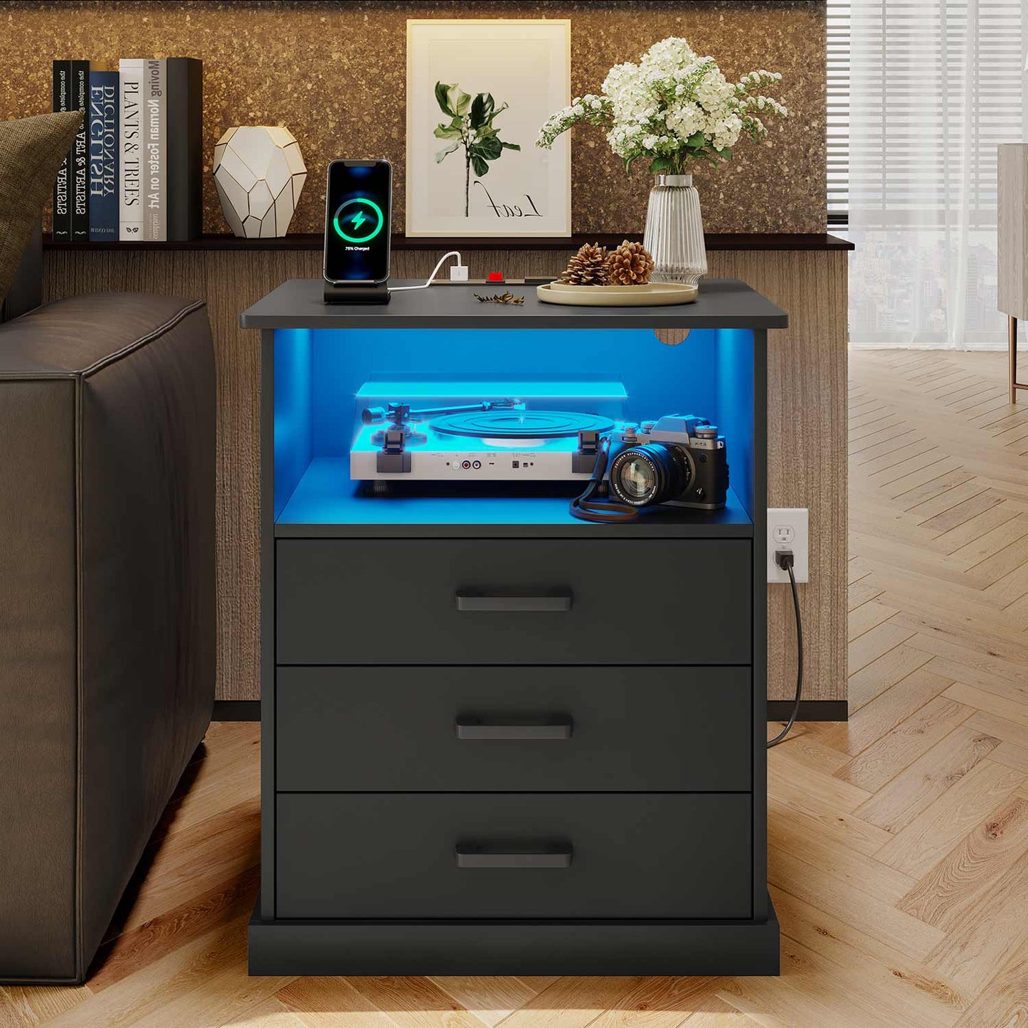 LED Nightstand with 3 Storage Drawers Black