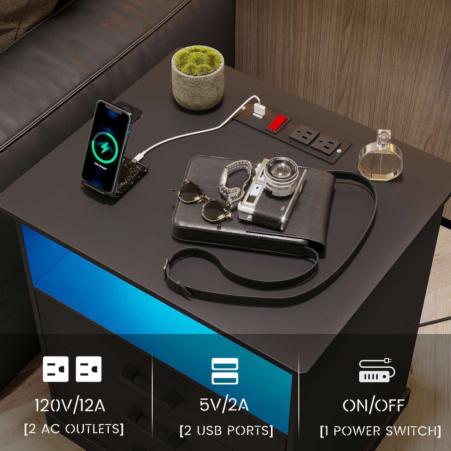 LED Nightstand with 3 Storage Drawers Black