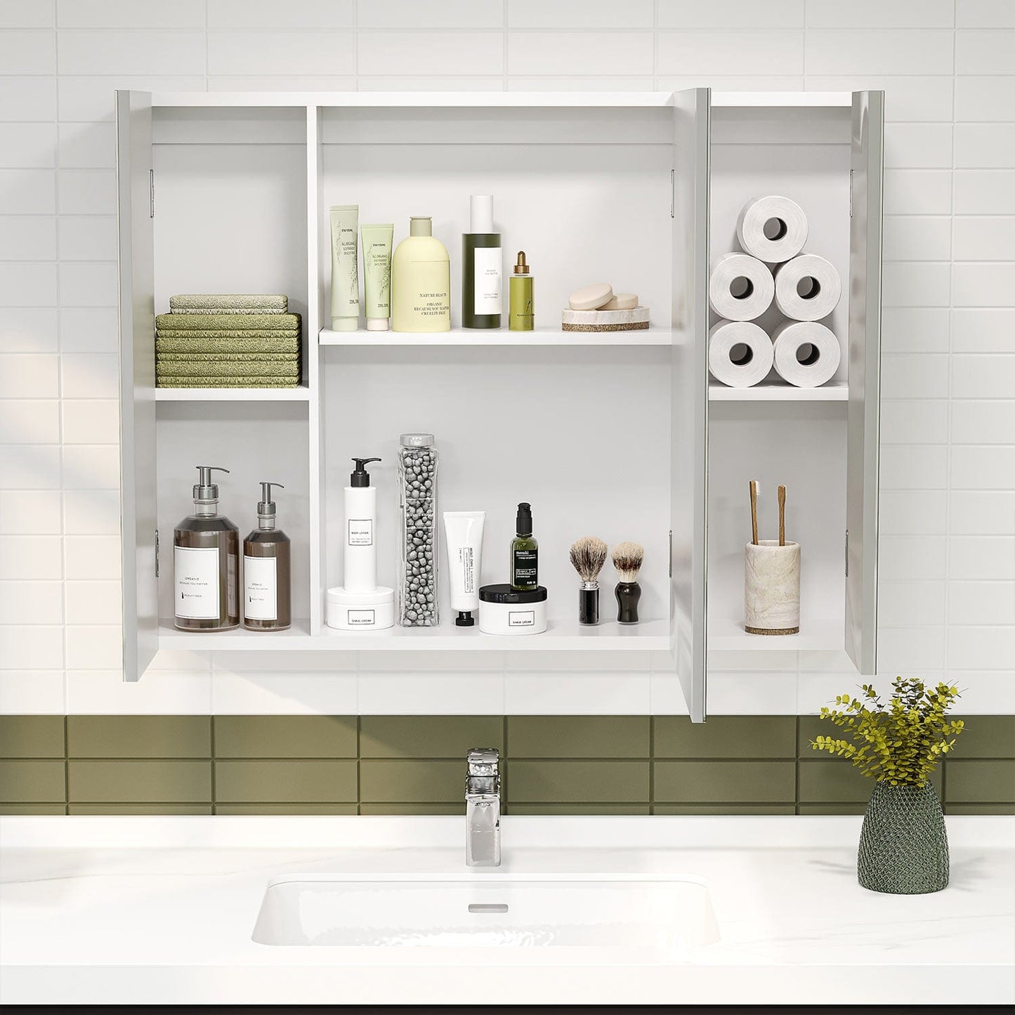 3 Doors Medicine Cabinet with Mirror White