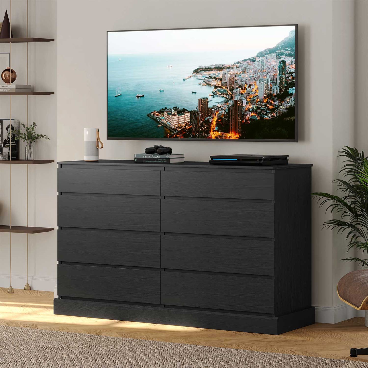 No Handle Design Dresser with 8 Drawers Black