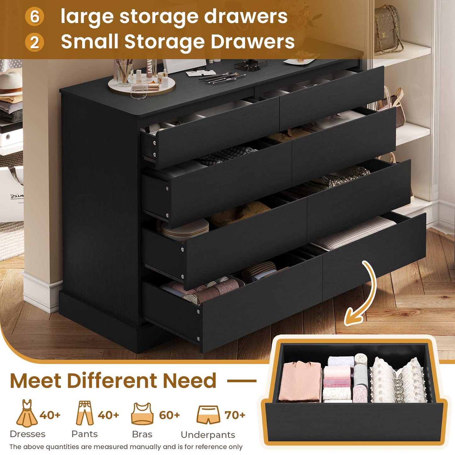 No Handle Design Dresser with 8 Drawers Black