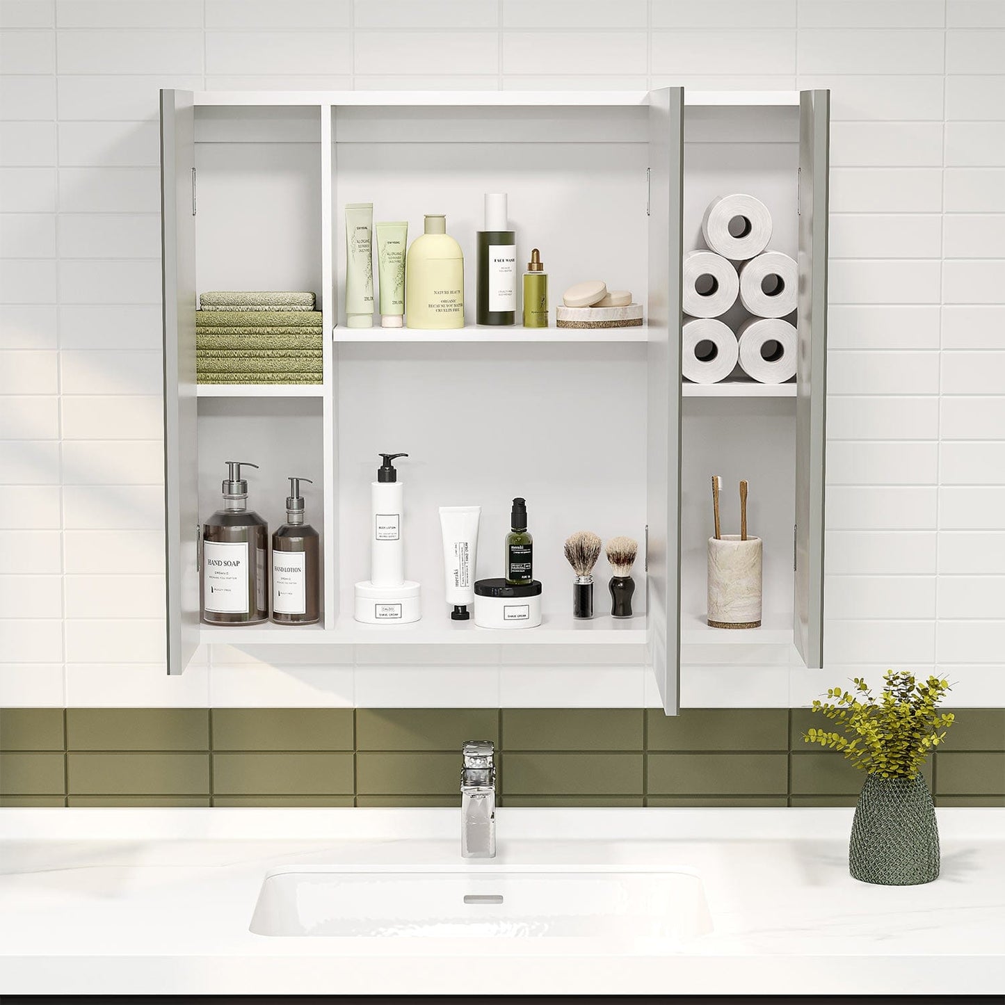 3 Doors Medicine Cabinet with Mirror White