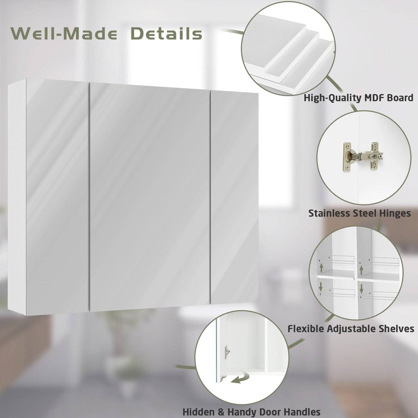 3 Doors Medicine Cabinet with Mirror White