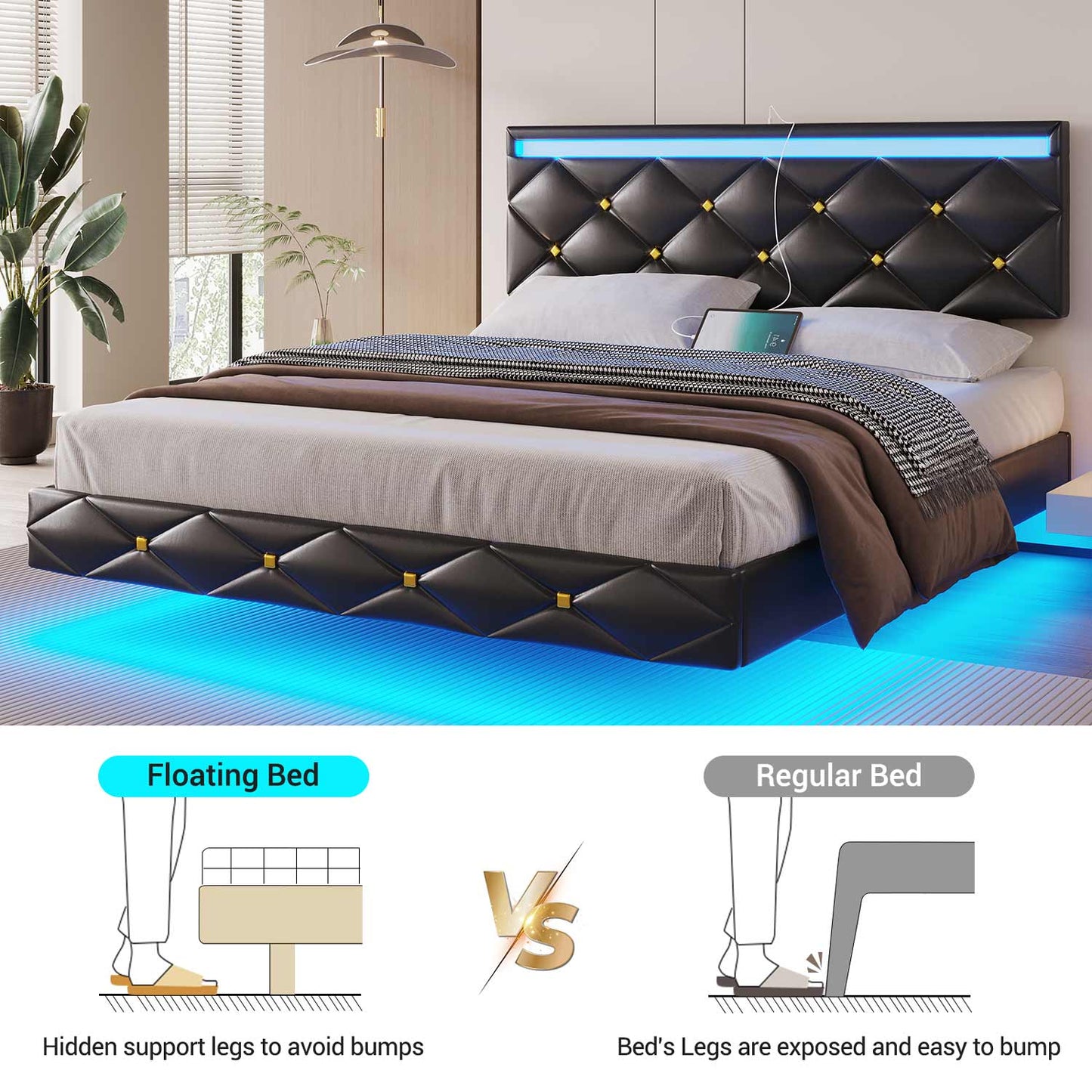 Floating Leather Upholstered Bed Frame with LED Lights Black