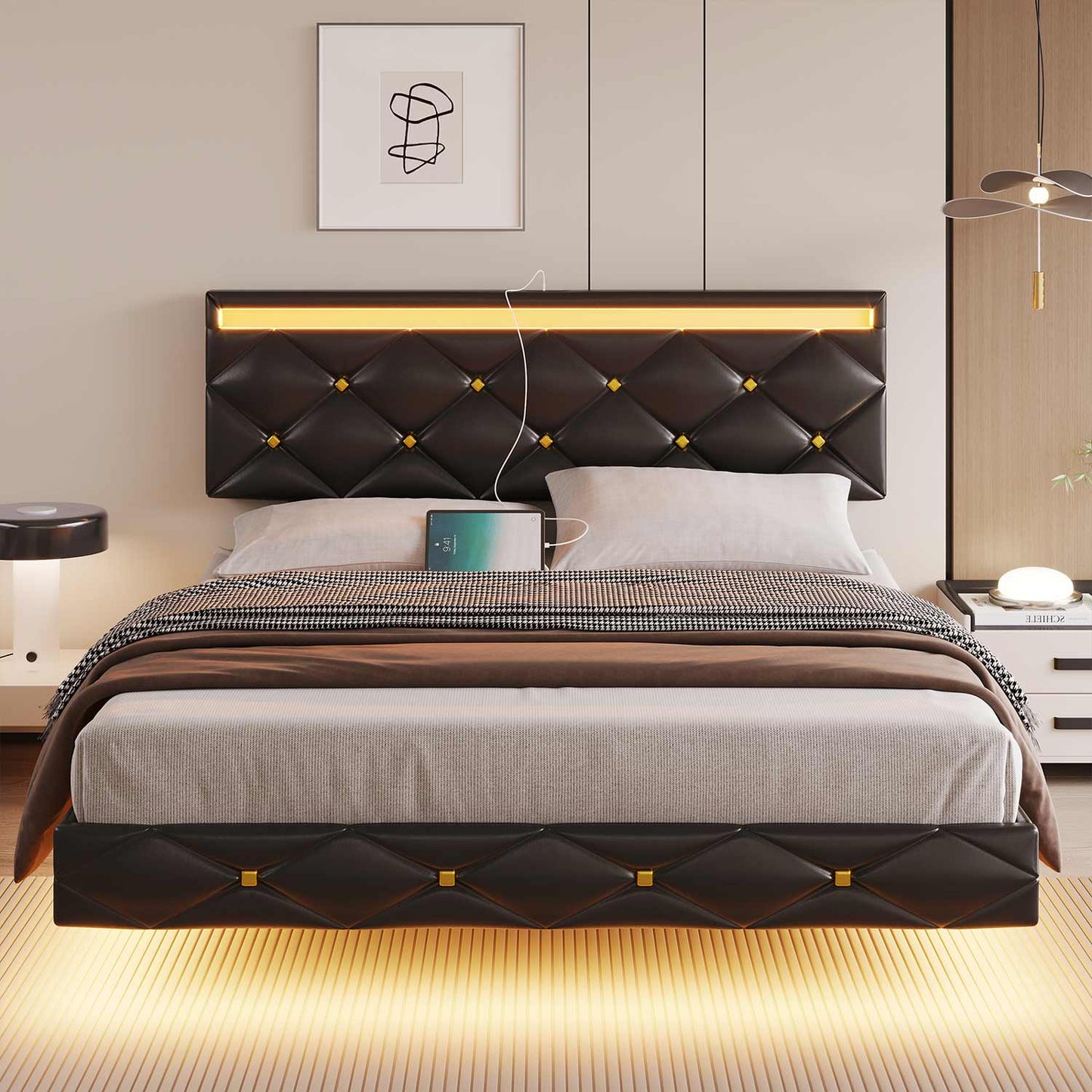 Floating Leather Upholstered Bed Frame with LED Lights Black
